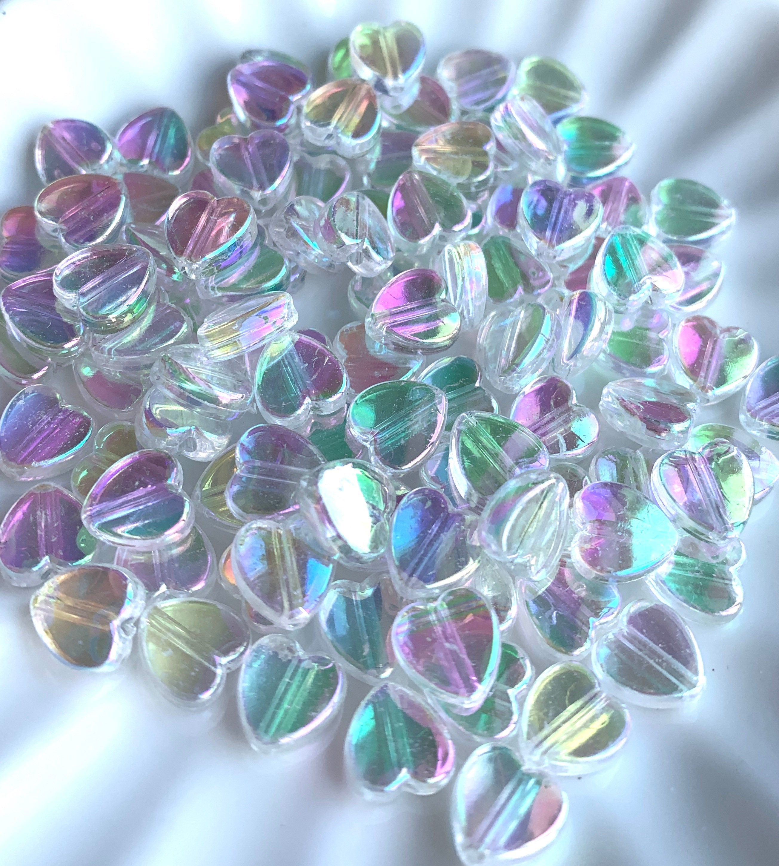 White Iridescent Heart Beads, Acrylic Beads, 100pc set