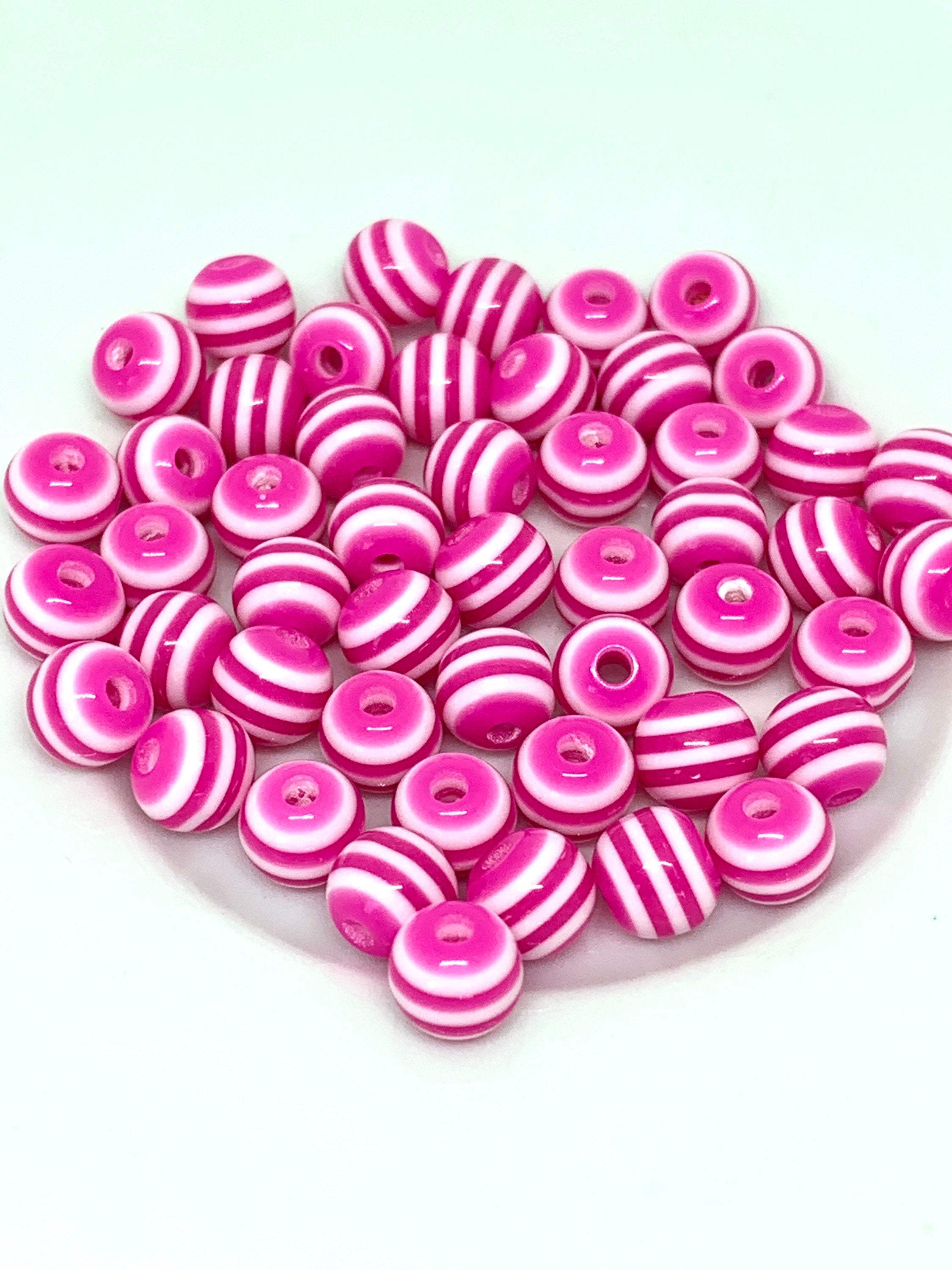 Magenta Pink Striped Beads, Round Beads, Mask Beads, DIY Jewelry, 50 pc set