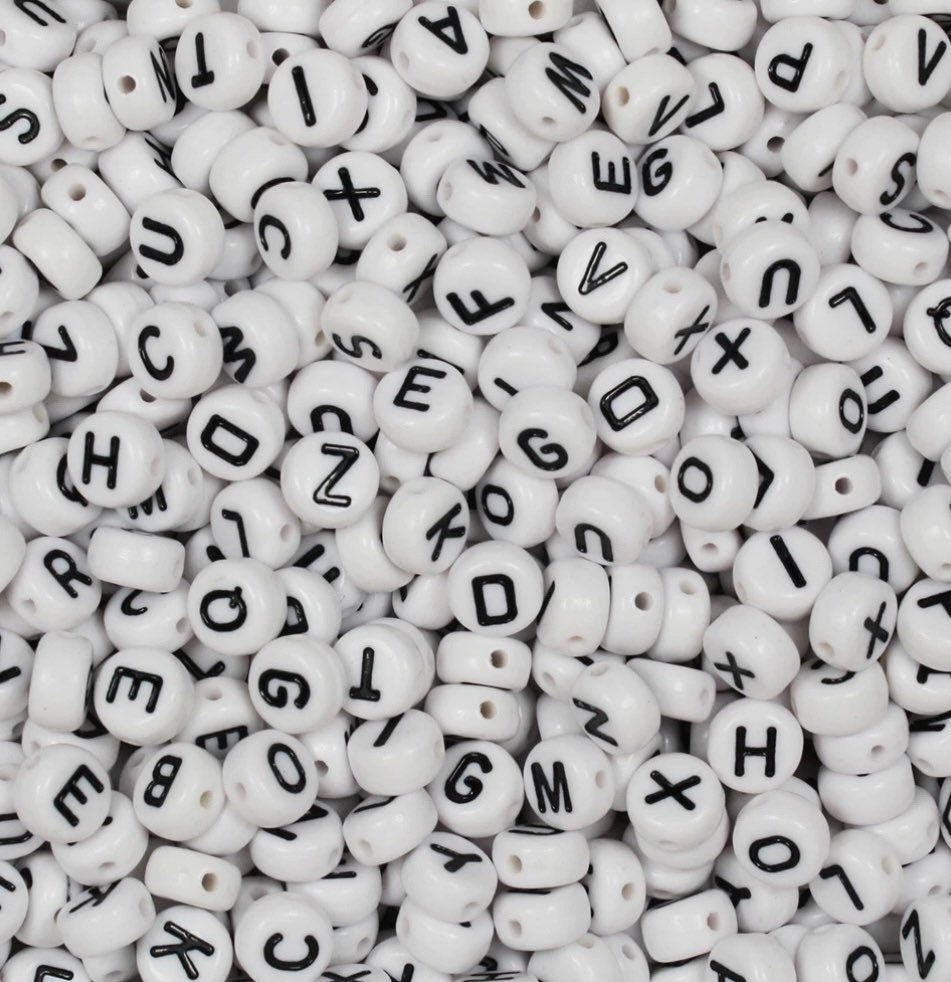 White Alphabet Coin Beads: Black Lettering for Personalized Jewelry