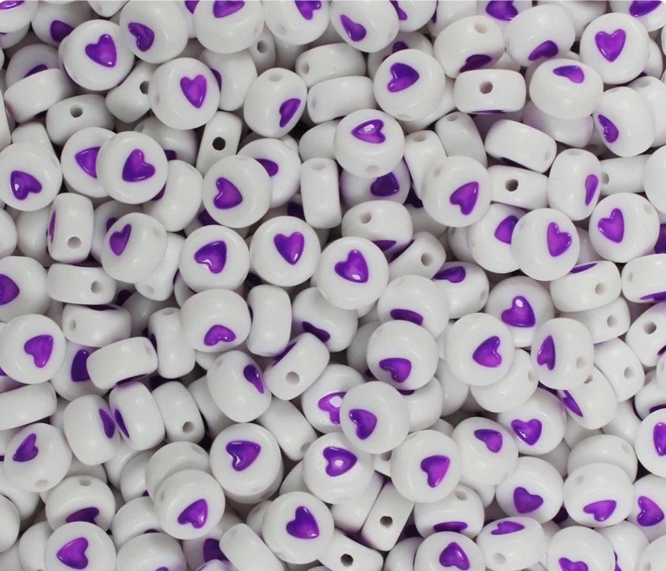 Purple Heart Letter Beads, Alphabet Beads, 7mm Beads, Heart Beads, Kawaii Beads, Disc Beads, Purple Beads
