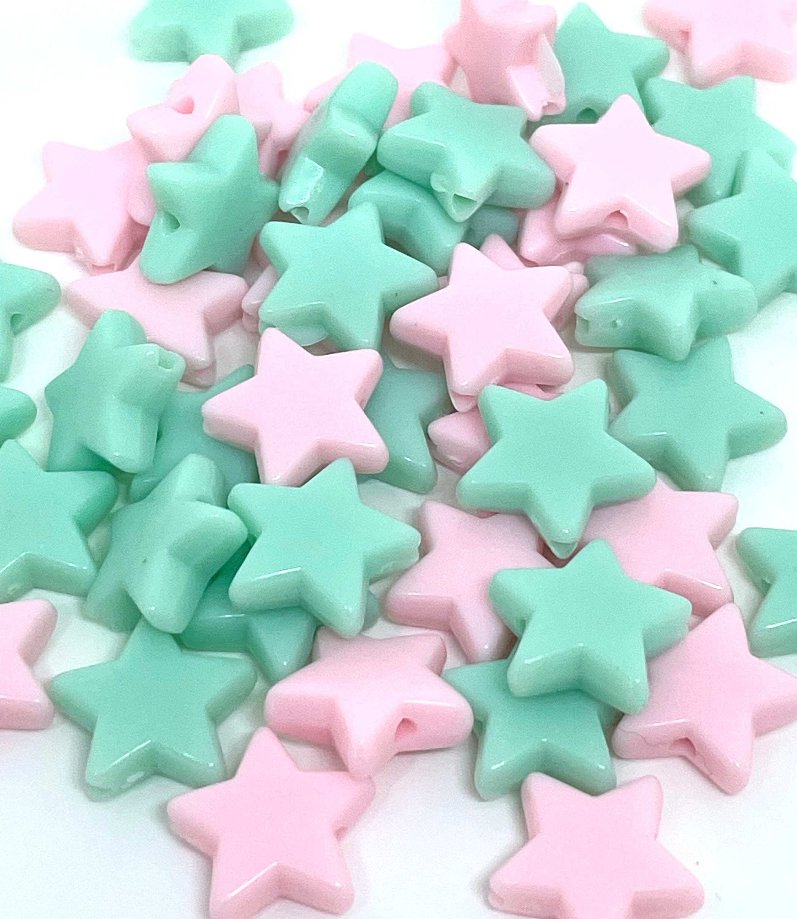 Pastel Mint Green and Pink Star Bead Mix, 14mm Bead Mix, Pastel Star Beads for Necklace, Pastel Star Beads for Bracelet, Cute Star Beads