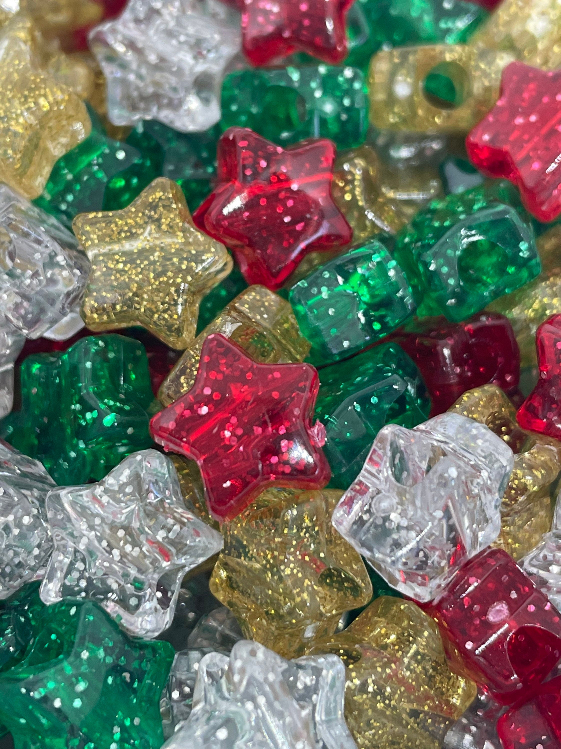 Christmas Bead Mix, Glitter Star Beads, Xmas Beads, Christmas Star Pendant Charm, Holiday Beads for Jewelry, Xmas Star Beads for Crafts