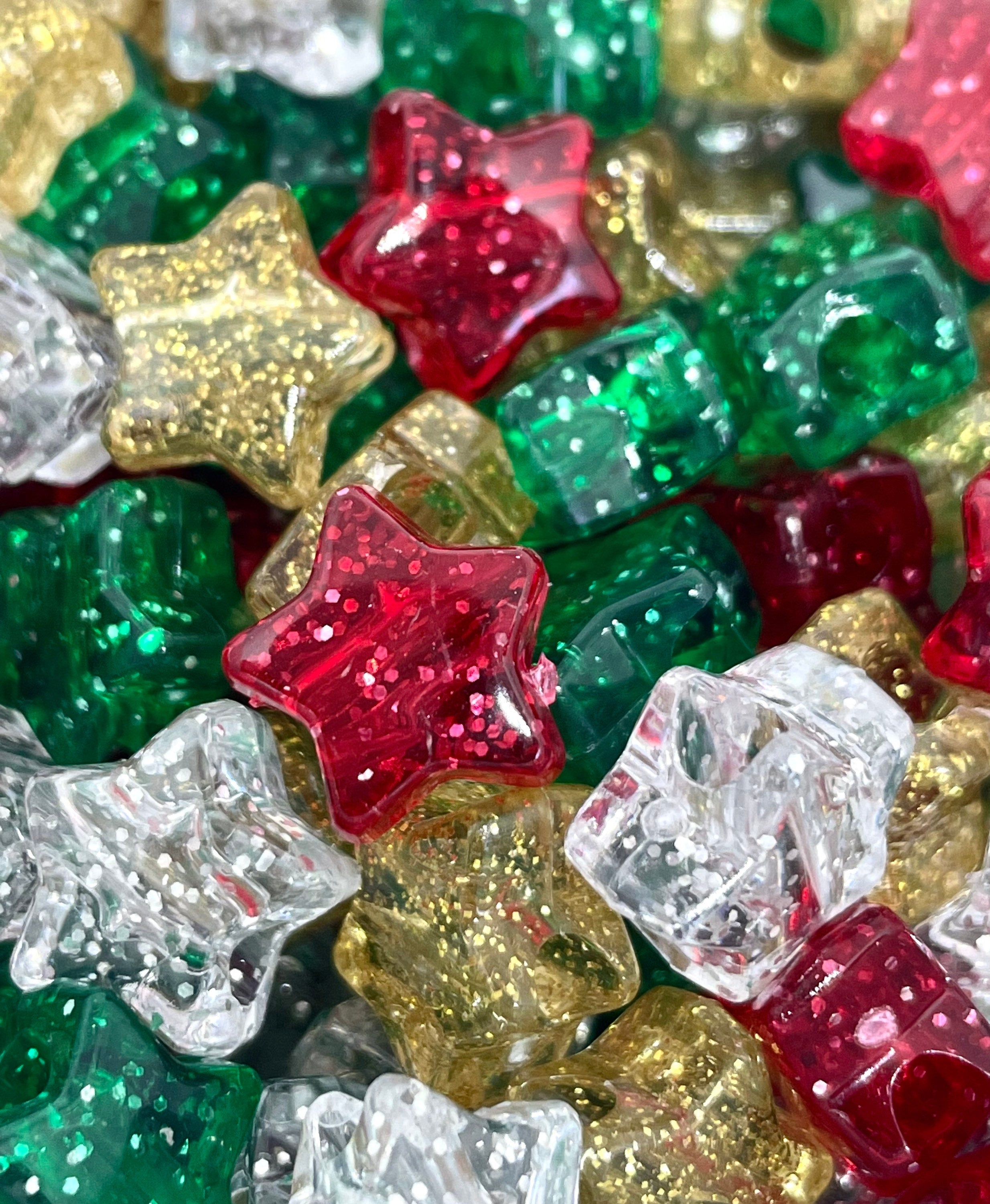 Christmas Bead Mix, Glitter Star Beads, Xmas Beads, Christmas Star Pendant Charm, Holiday Beads for Jewelry, Xmas Star Beads for Crafts