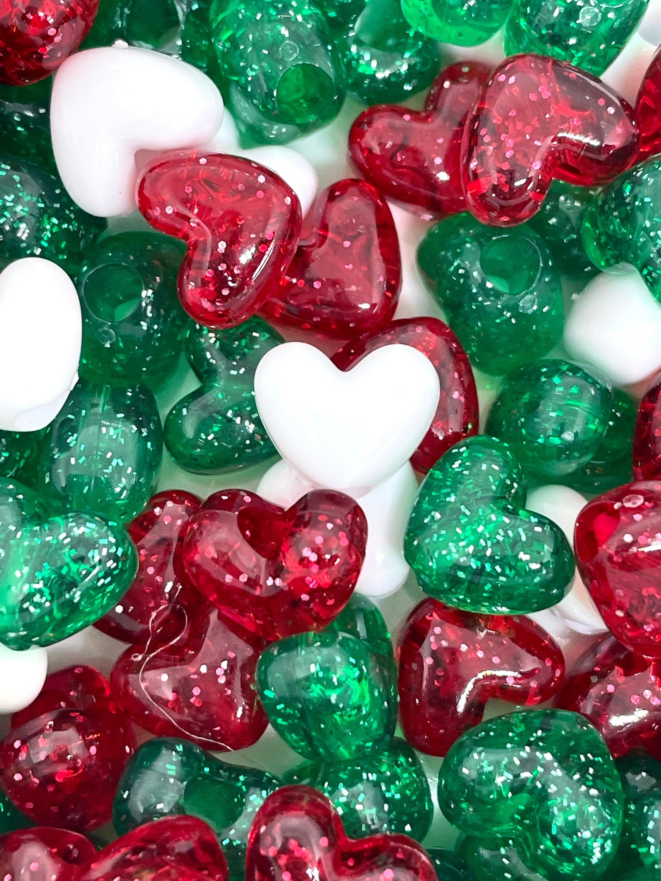 Cute Christmas Beads for the Holiday, Heart Bead Mix for Christmas, Holiday Beads for Garland, Xmas Beads for Jewelry, Glitter Heart Beads