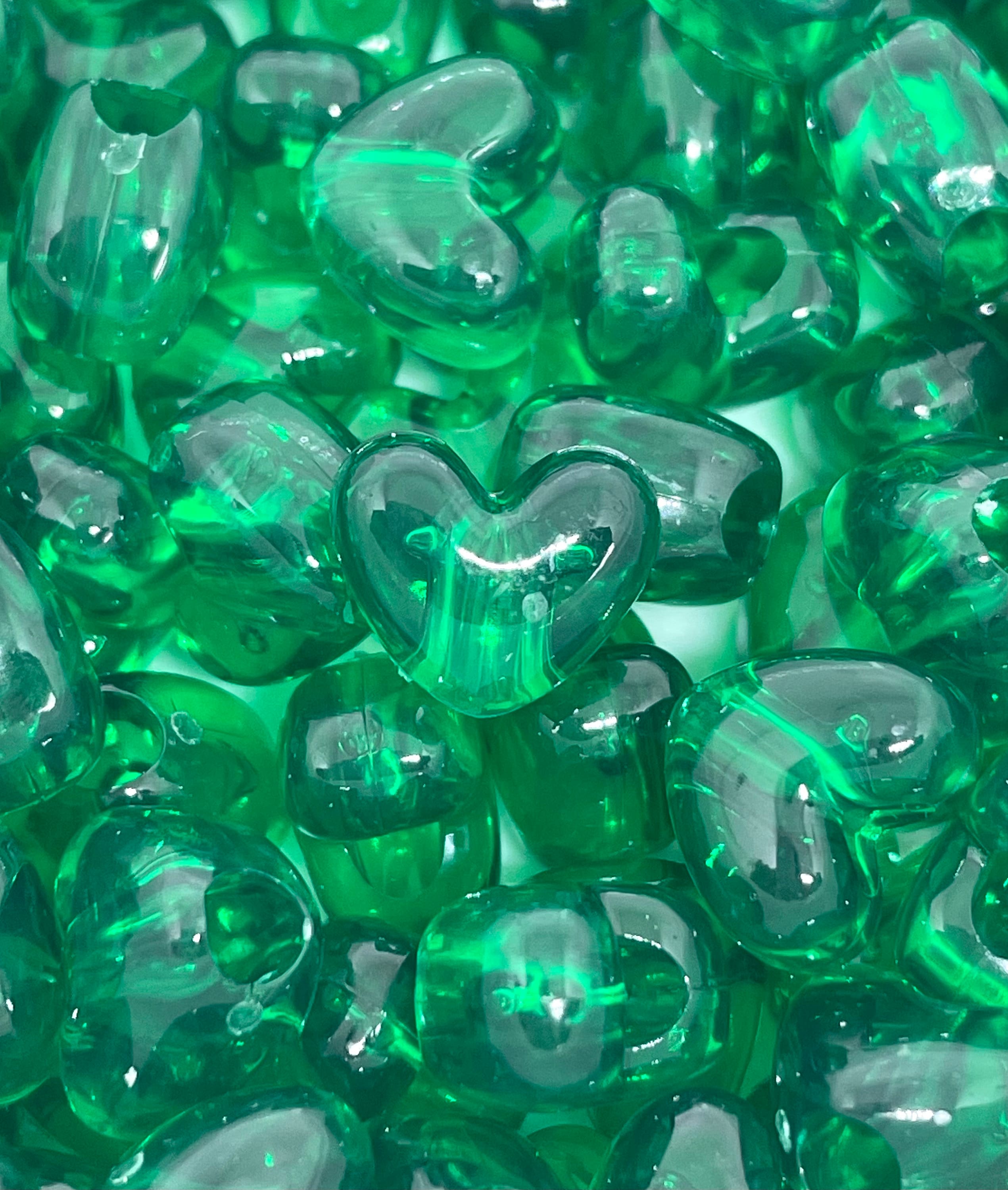 Emerald Green Beads for the Holidays, Clear Green Heart Beads for Jewelry Making, Heart Spacer Beads, Christmas Themed Beads, Heart Pony