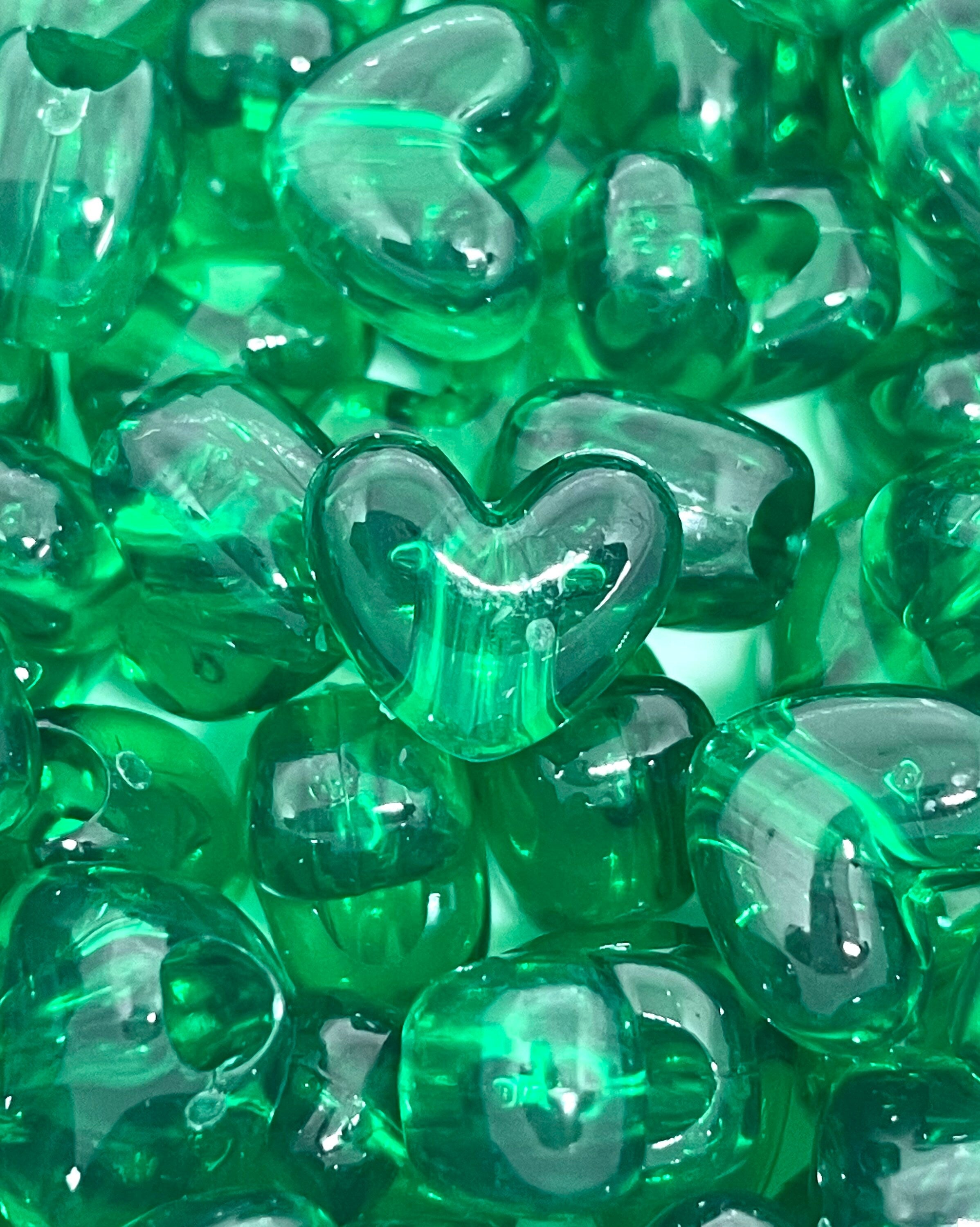 Emerald Green Beads for the Holidays, Clear Green Heart Beads for Jewelry Making, Heart Spacer Beads, Christmas Themed Beads, Heart Pony