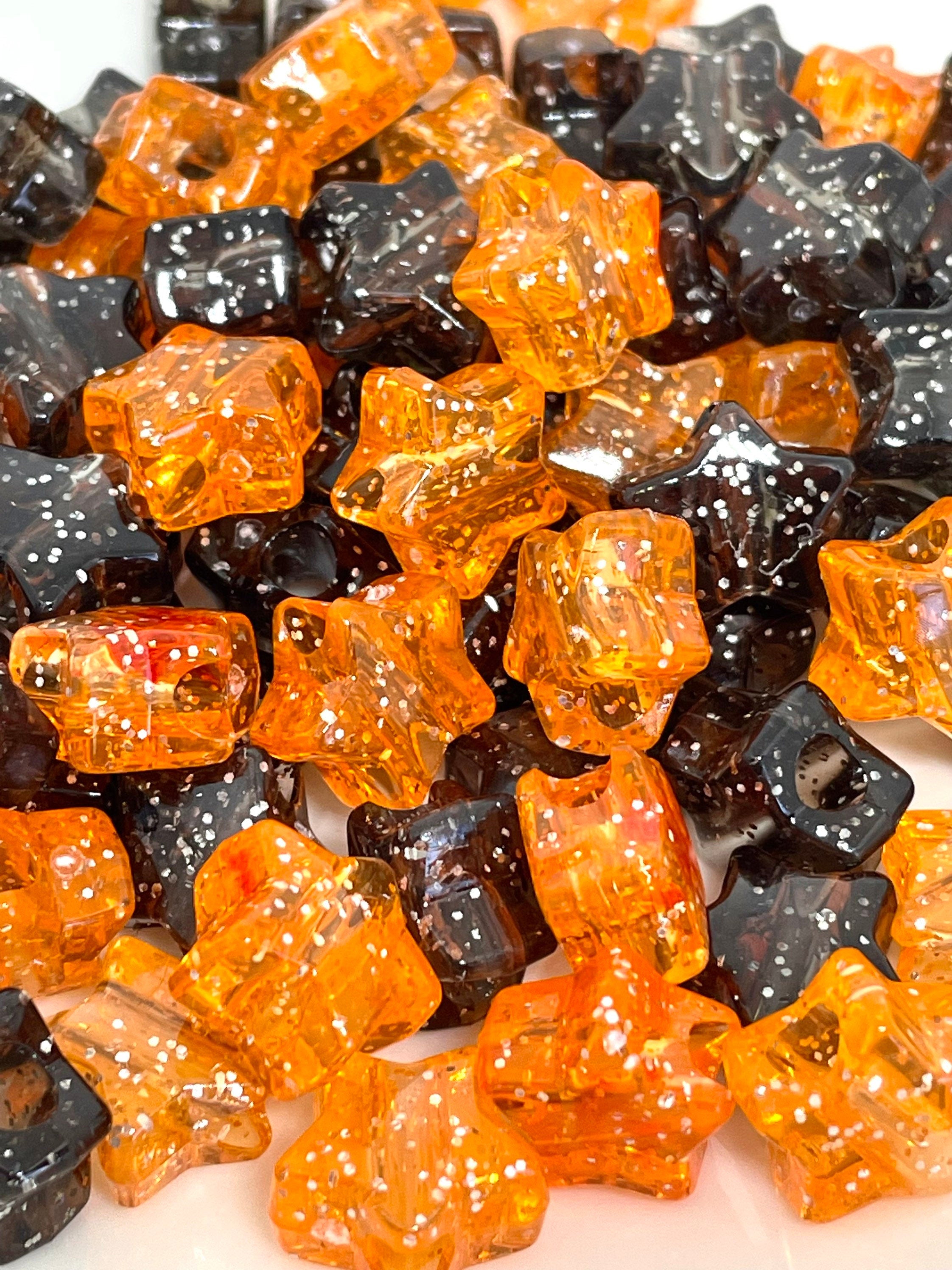 Halloween Themed Bead Mix, Black and Orange Star Beads, Halloween Beads for Bracelet, Large Hole Beads, Glitter Beads for Halloween