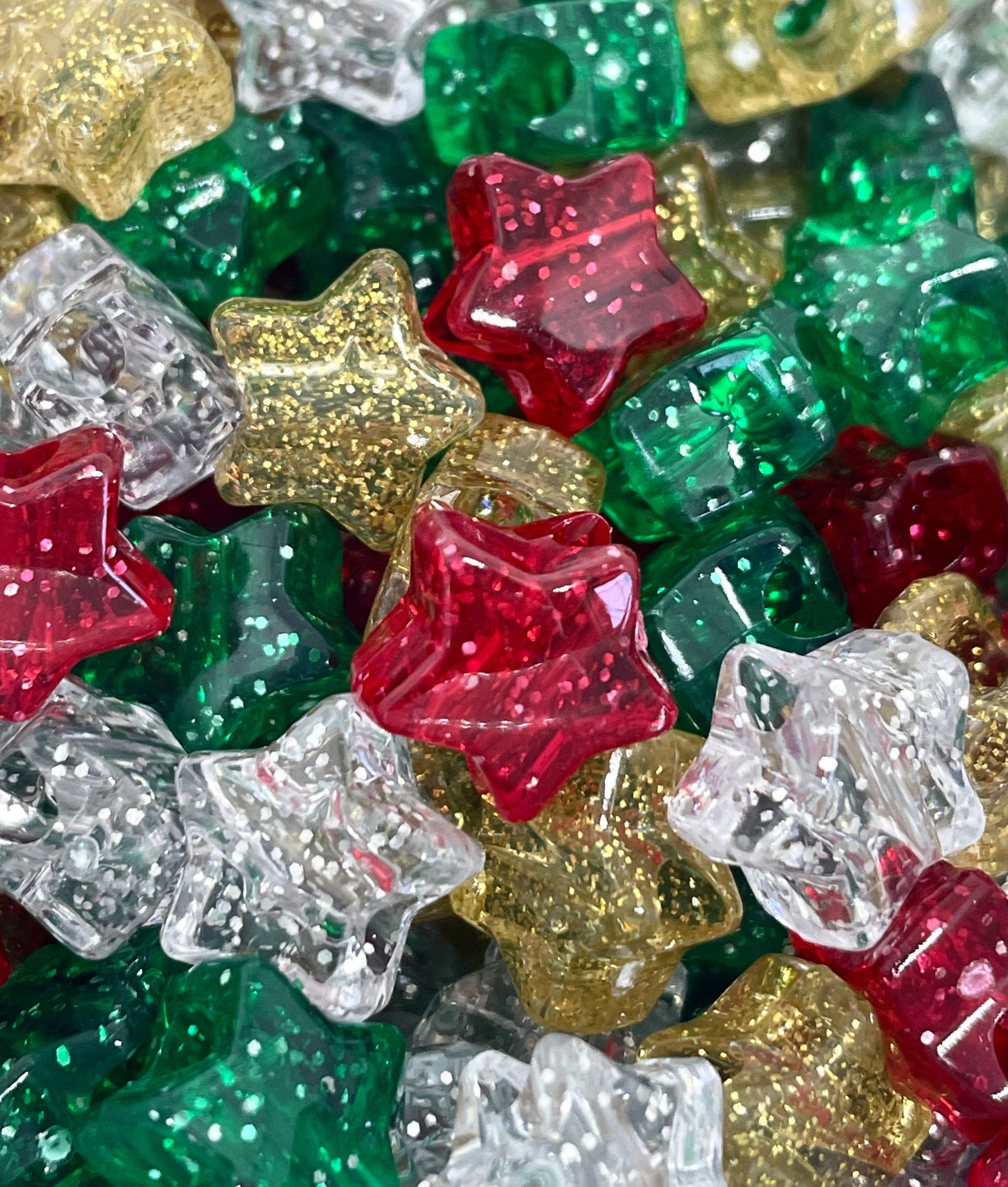 Christmas Bead Mix, Glitter Star Beads, Xmas Beads, Christmas Star Pendant Charm, Holiday Beads for Jewelry, Xmas Star Beads for Crafts