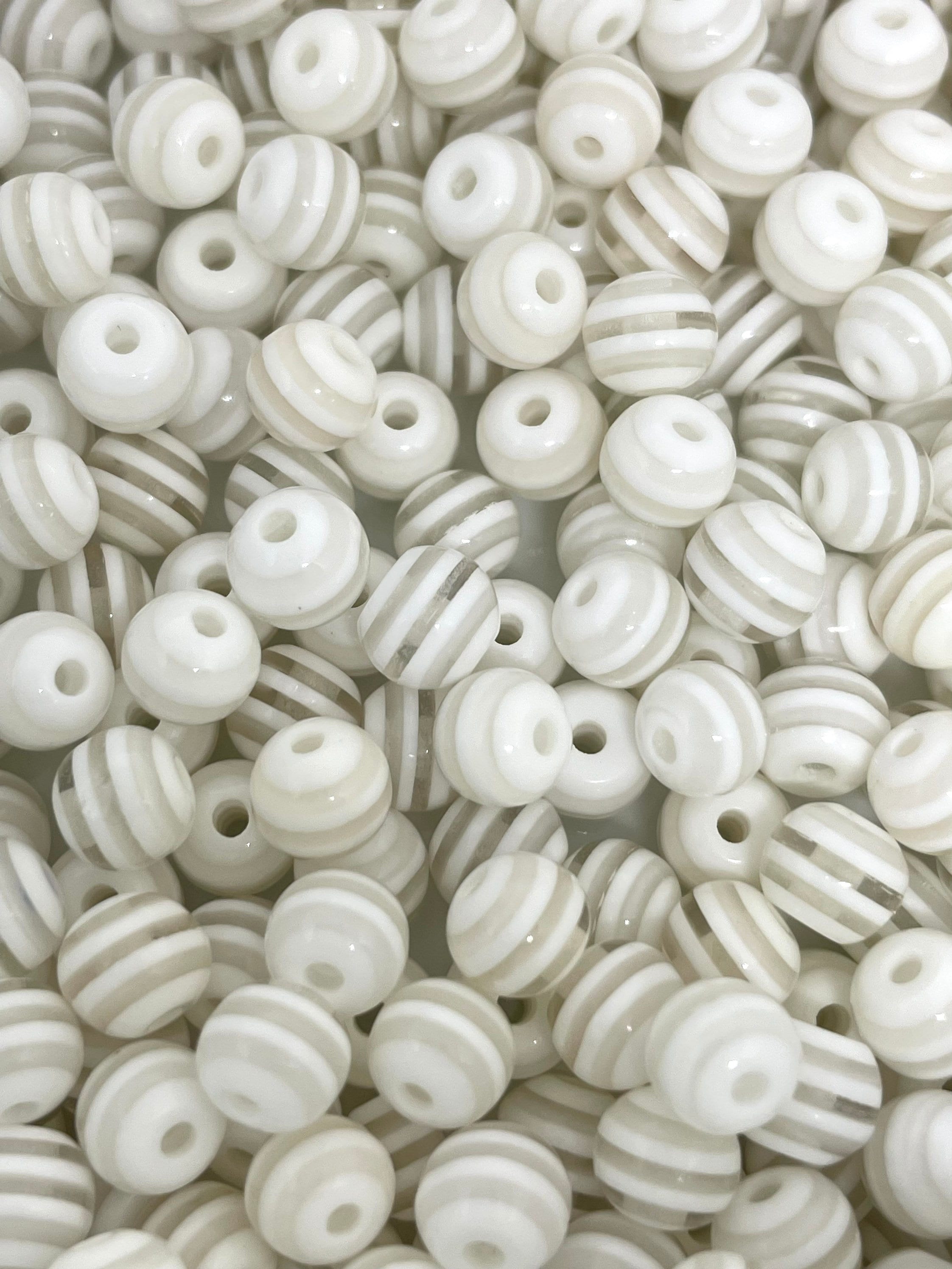 White Striped Beads for Jewelry Making, White Bubblegum Striped Beads, Goth Beads, Round White Beads for Bracelet, Yume Kawaii, Yami Kawaii