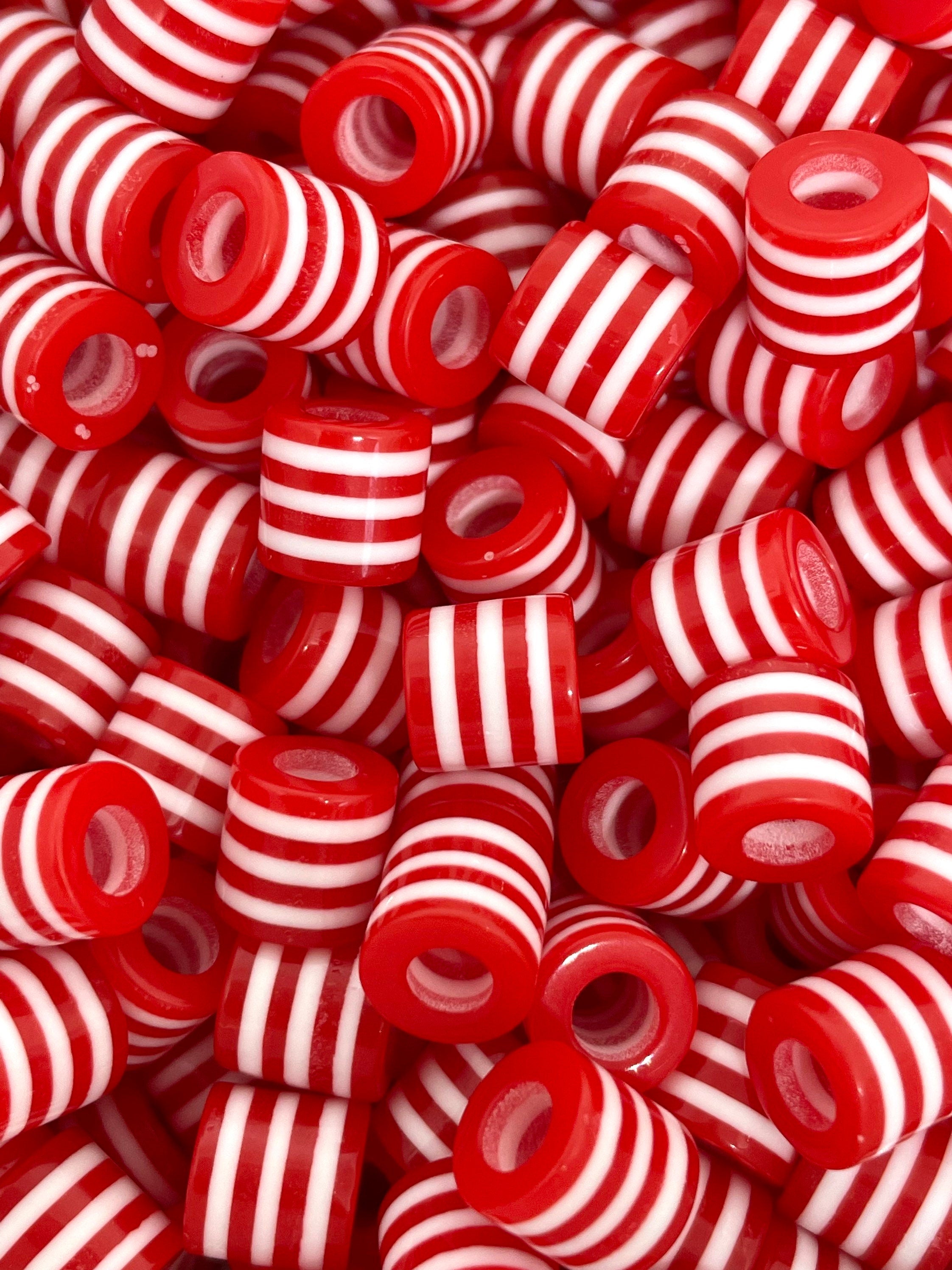 Red and White Drum Beads, Candy Cane Cylinder Beads, Red Christmas Beads, Xmas Beads for Jewelry Making, Red and White Striped Beads