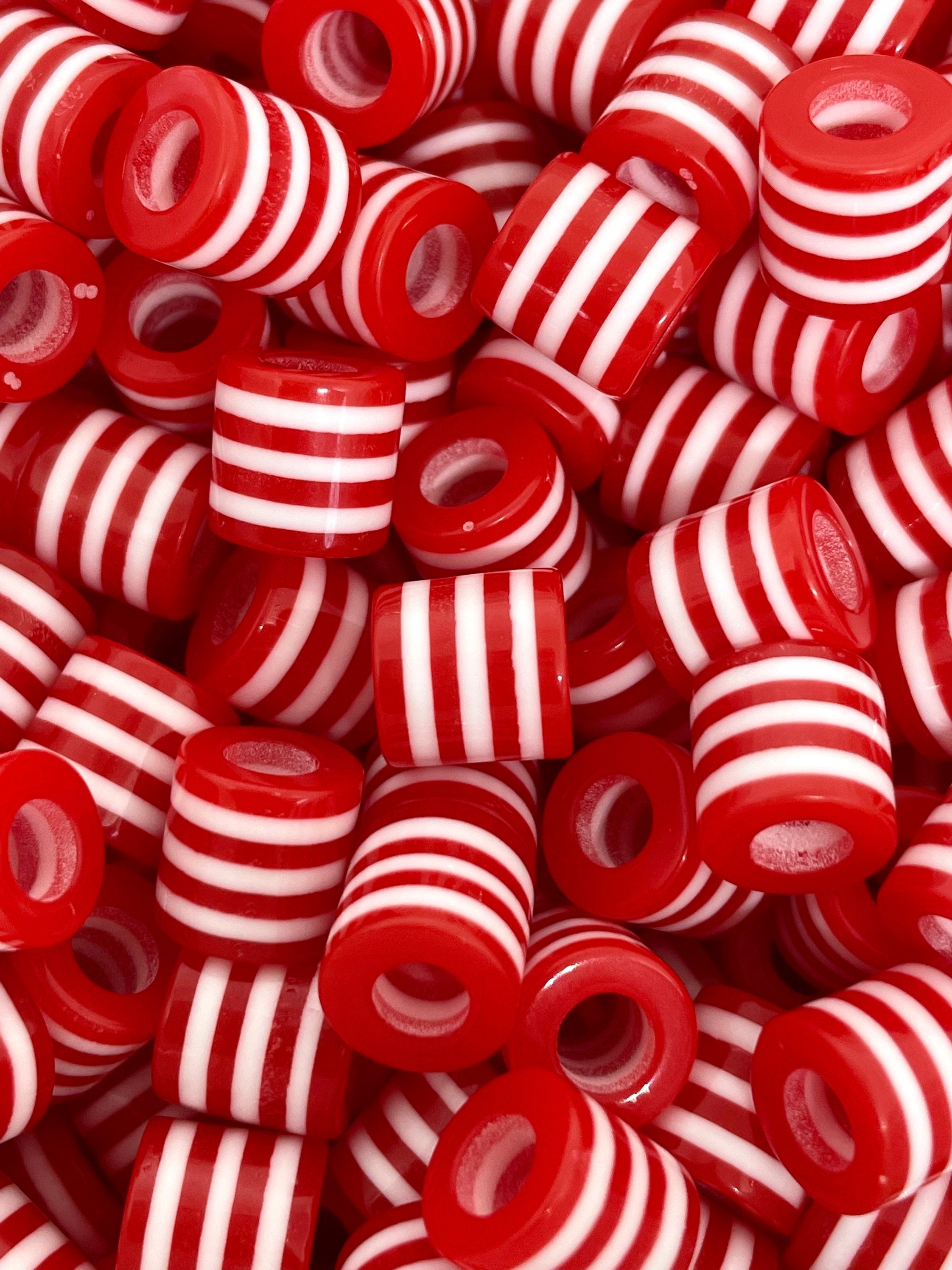 Red and White Drum Beads, Candy Cane Cylinder Beads, Red Christmas Beads, Xmas Beads for Jewelry Making, Red and White Striped Beads