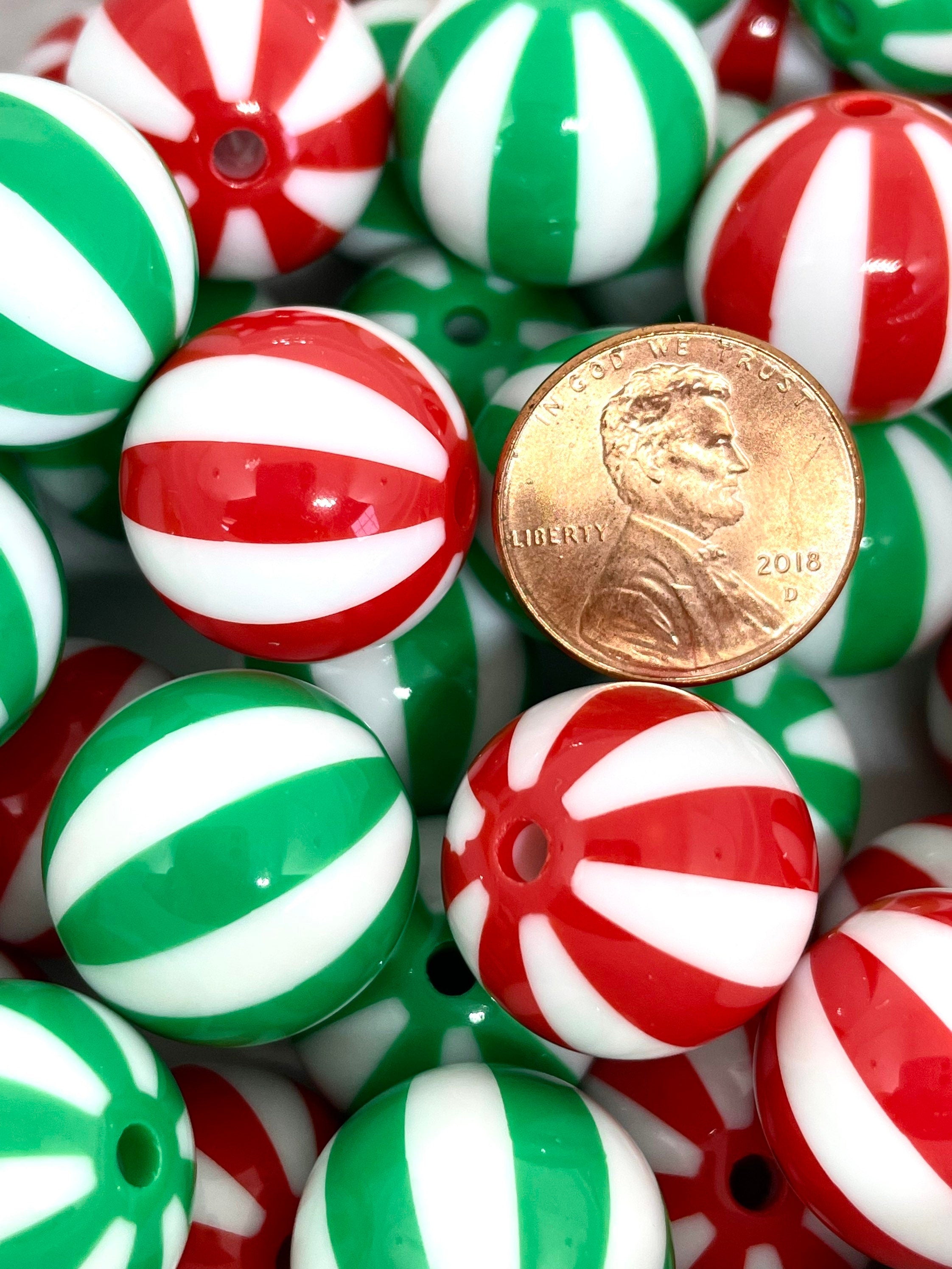 Chunky Christmas Beads for Necklace, Peppermint Beads, 20mm Bead Mix for Christmas, Chunky Christmas Beads for the Holidays, Striped Beads