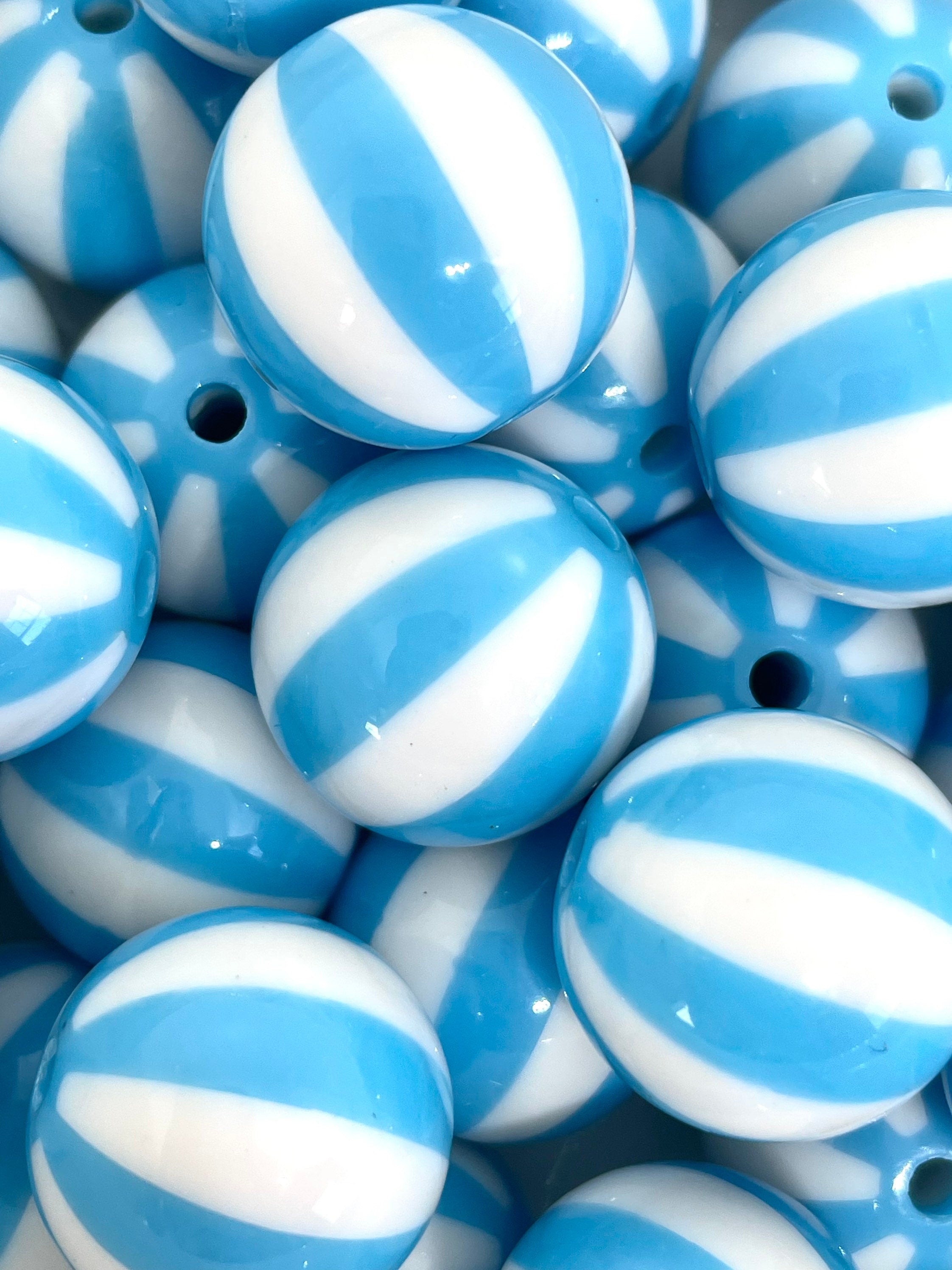 Baby Blue Beach Ball Beads for Chunky Necklace, Baby Blue Striped Beads, Chunky Jewelry, 20mm Beads, Large Round Blue Beads