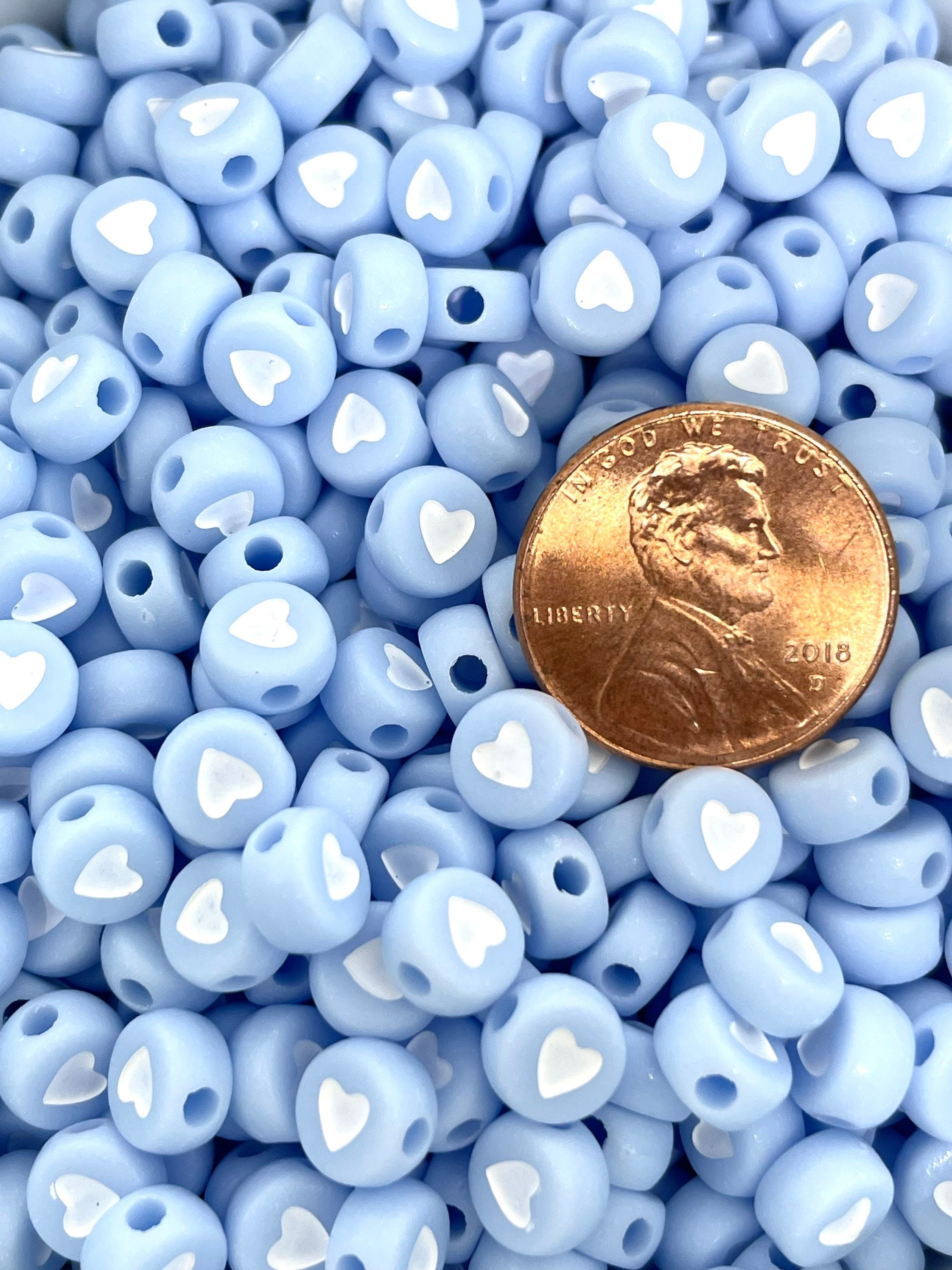 Baby Blue Beads with Hearts, Coin Beads, Flat Round Beads for Jewelry Making, Gender Reveal Beads, Letter Beads, Blue Spacer Beads