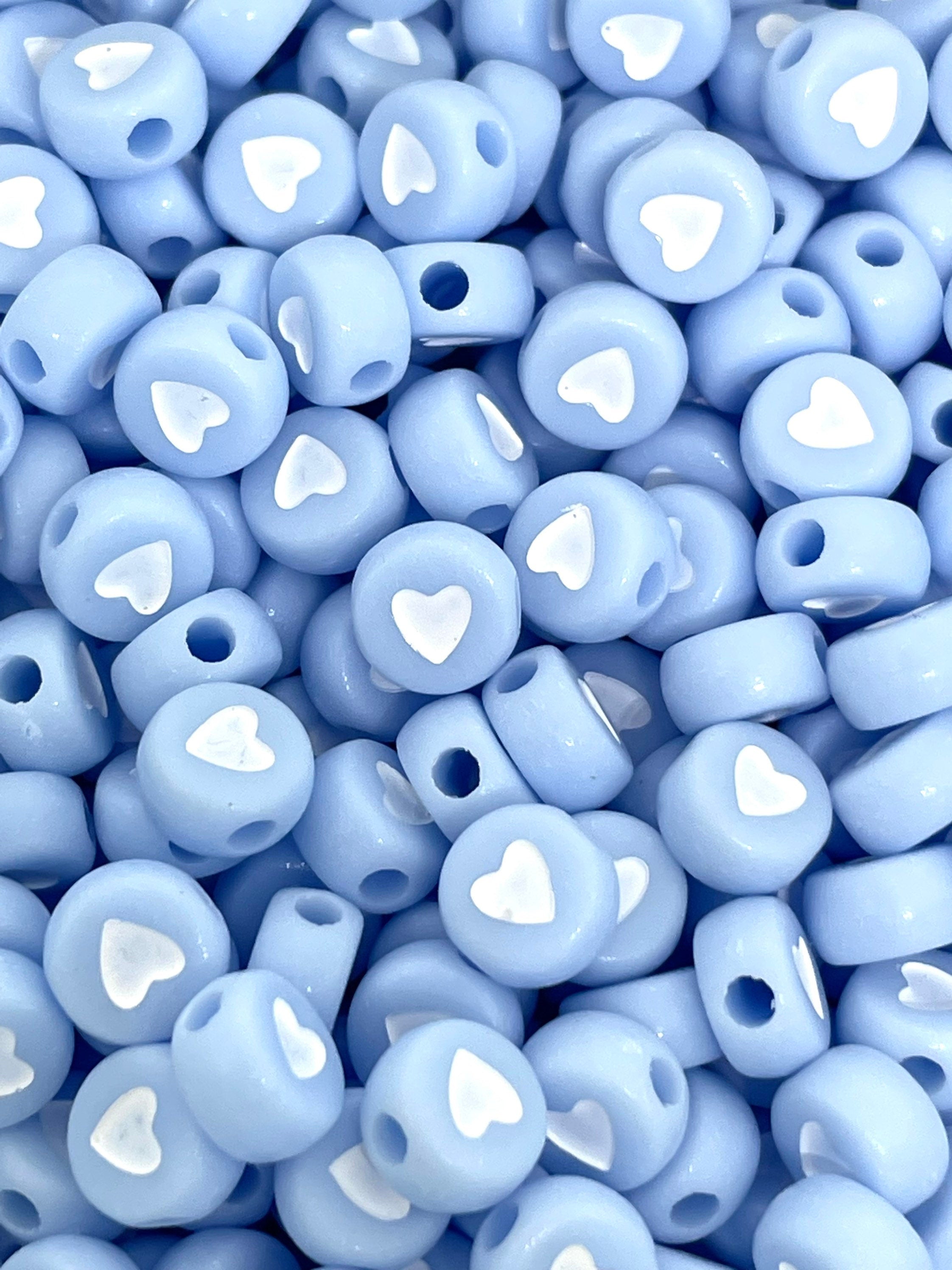 Baby Blue Beads with Hearts, Coin Beads, Flat Round Beads for Jewelry Making, Gender Reveal Beads, Letter Beads, Blue Spacer Beads