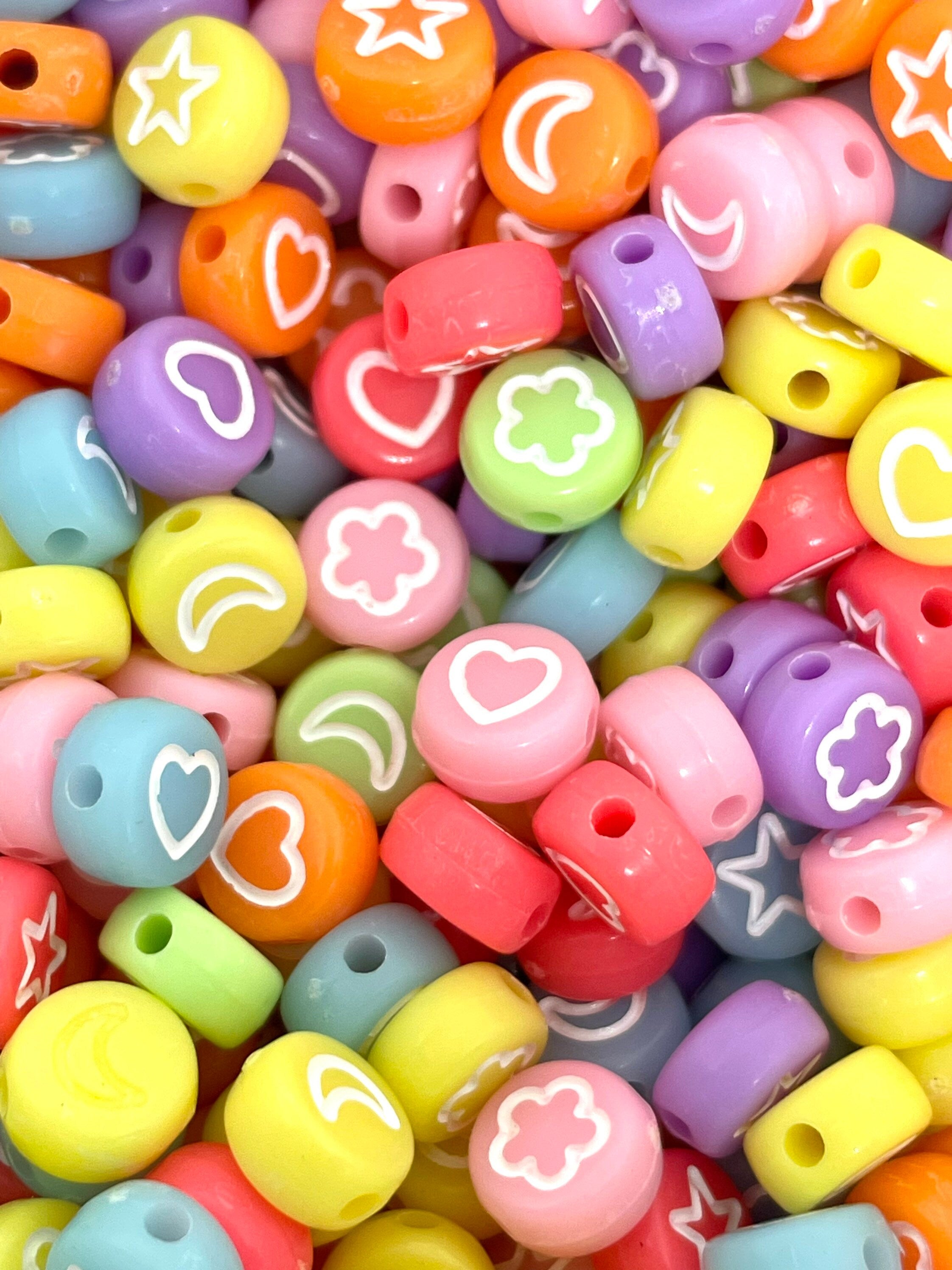 Bright Colorful Bead Mix of Hearts, Stars, Moon, and Flowers, Coin Bead Mix, Acrylic Bead Mix for Jewelry Making, Bracelet Beads