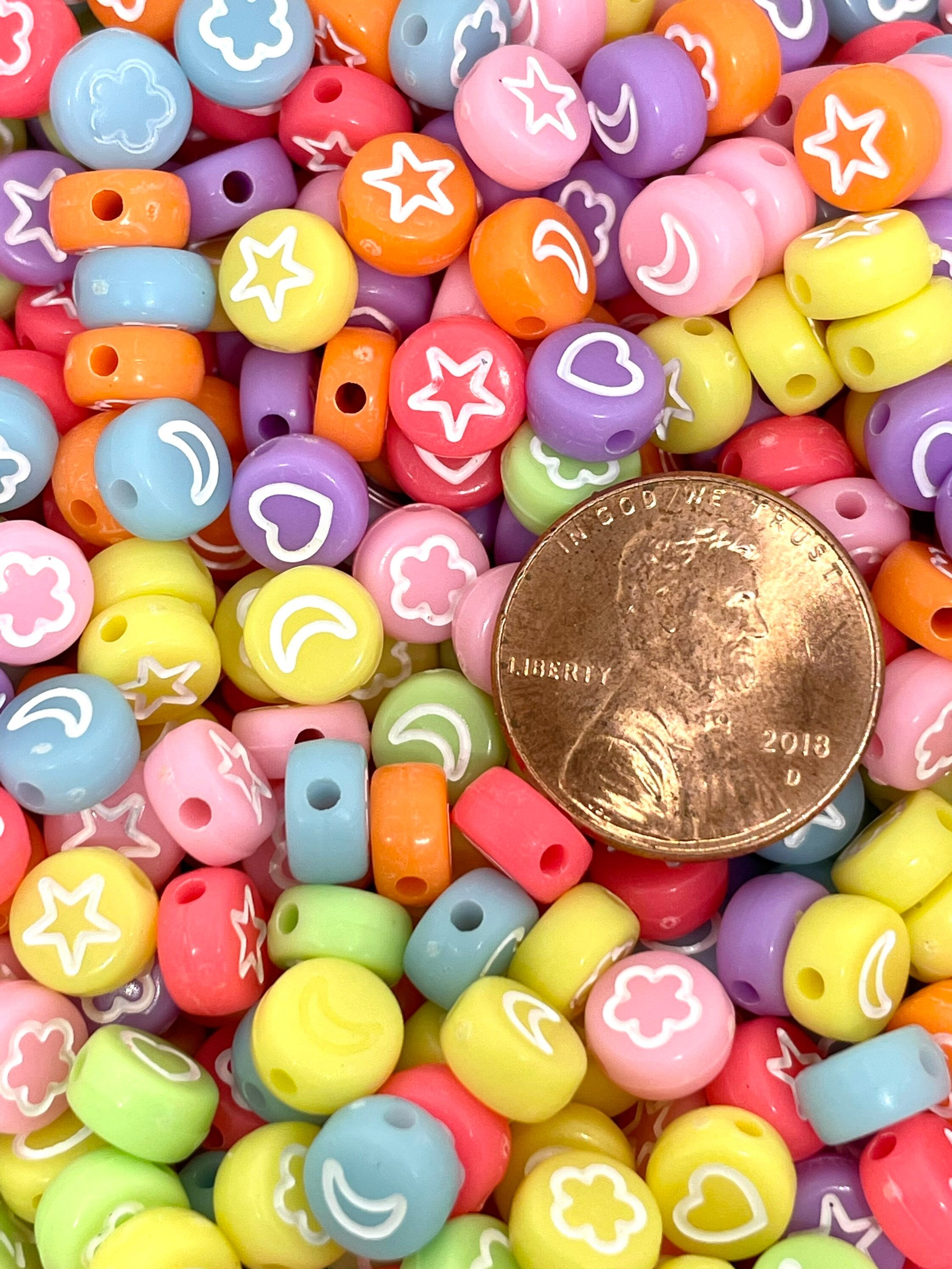 Bright Colorful Bead Mix of Hearts, Stars, Moon, and Flowers, Coin Bead Mix, Acrylic Bead Mix for Jewelry Making, Bracelet Beads