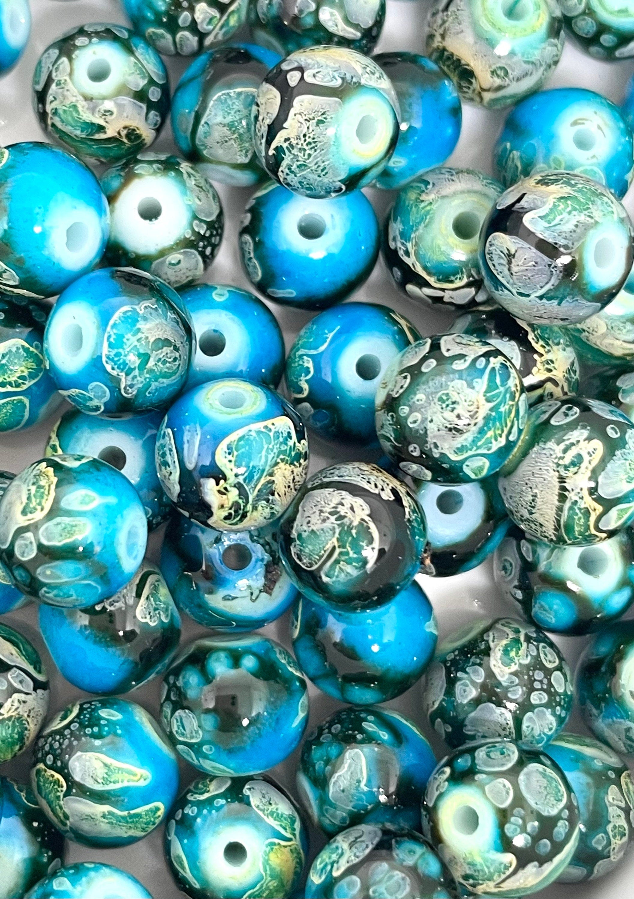 8mm Turquoise Swirl Beads for Beaded Necklace, Watercolor Beads, Polished Round Beads for Jewelry Making, Marble Beads