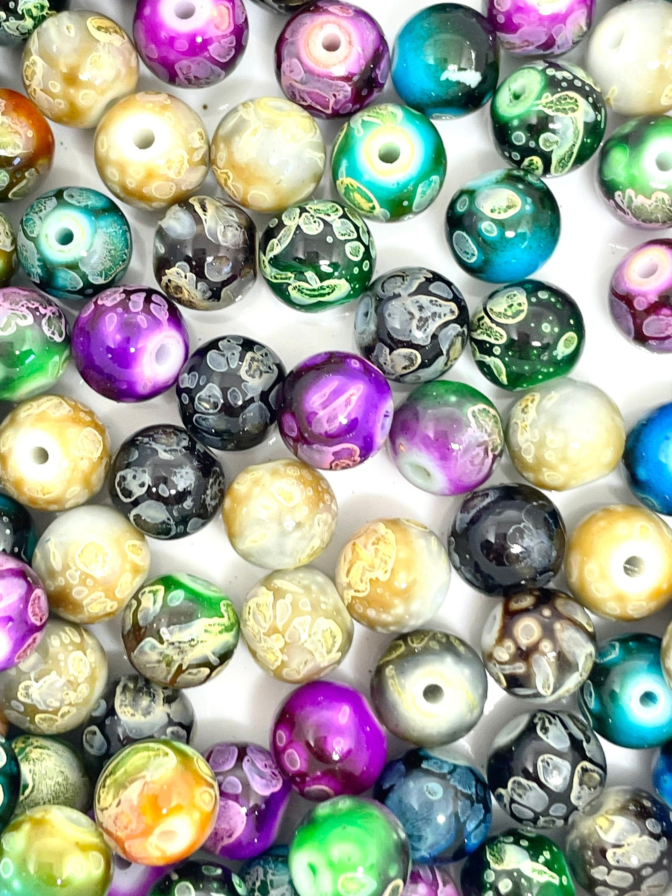 Polished Round Glass Bead Mix for Jewelry Making, Fashion Beads, Fire Polished Marble Bead Set for Beaded Necklace