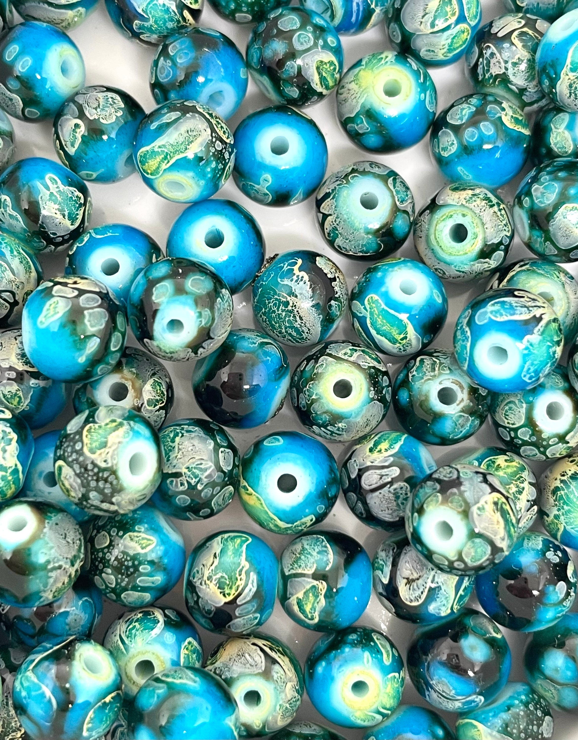 8mm Turquoise Swirl Beads for Beaded Necklace, Watercolor Beads, Polished Round Beads for Jewelry Making, Marble Beads