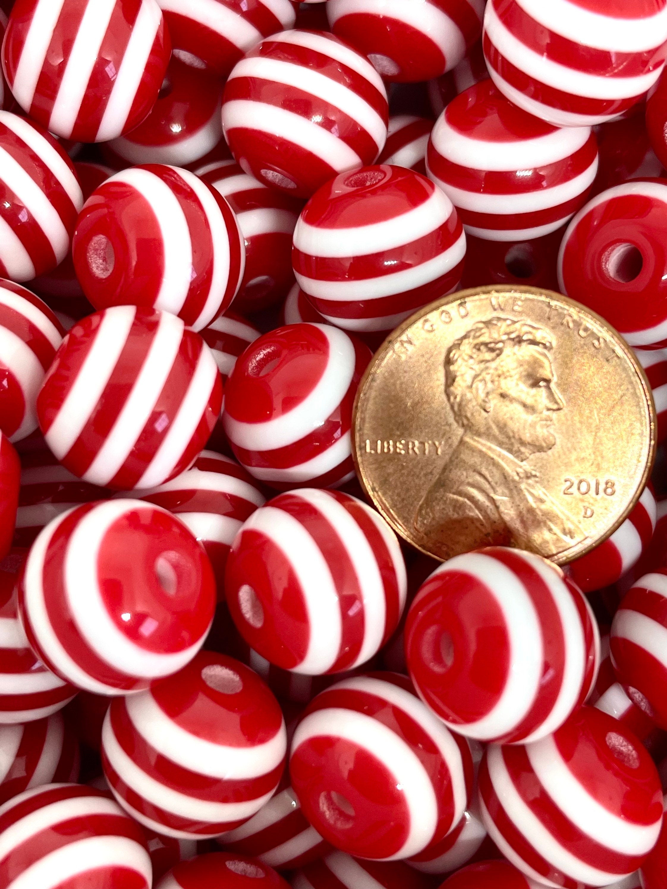 12mm Red and White Striped Candy Cane Beads