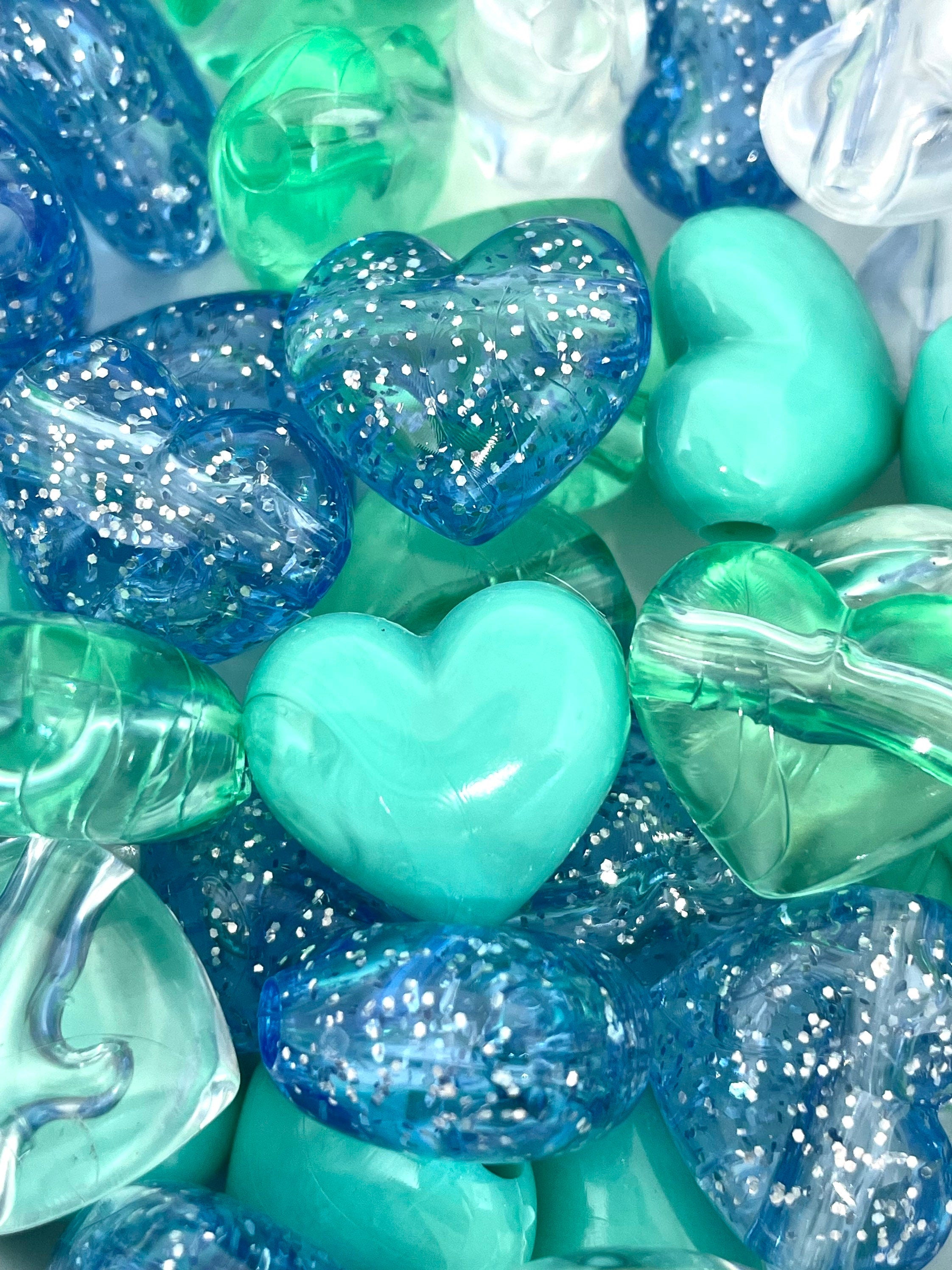 Aqua Green Heart Mix, Large Heart Charm Beads for Necklace, Green Heart Beads for Jewelry Making, Mermaid Beads, Ocean Beads, Heart Bead Set