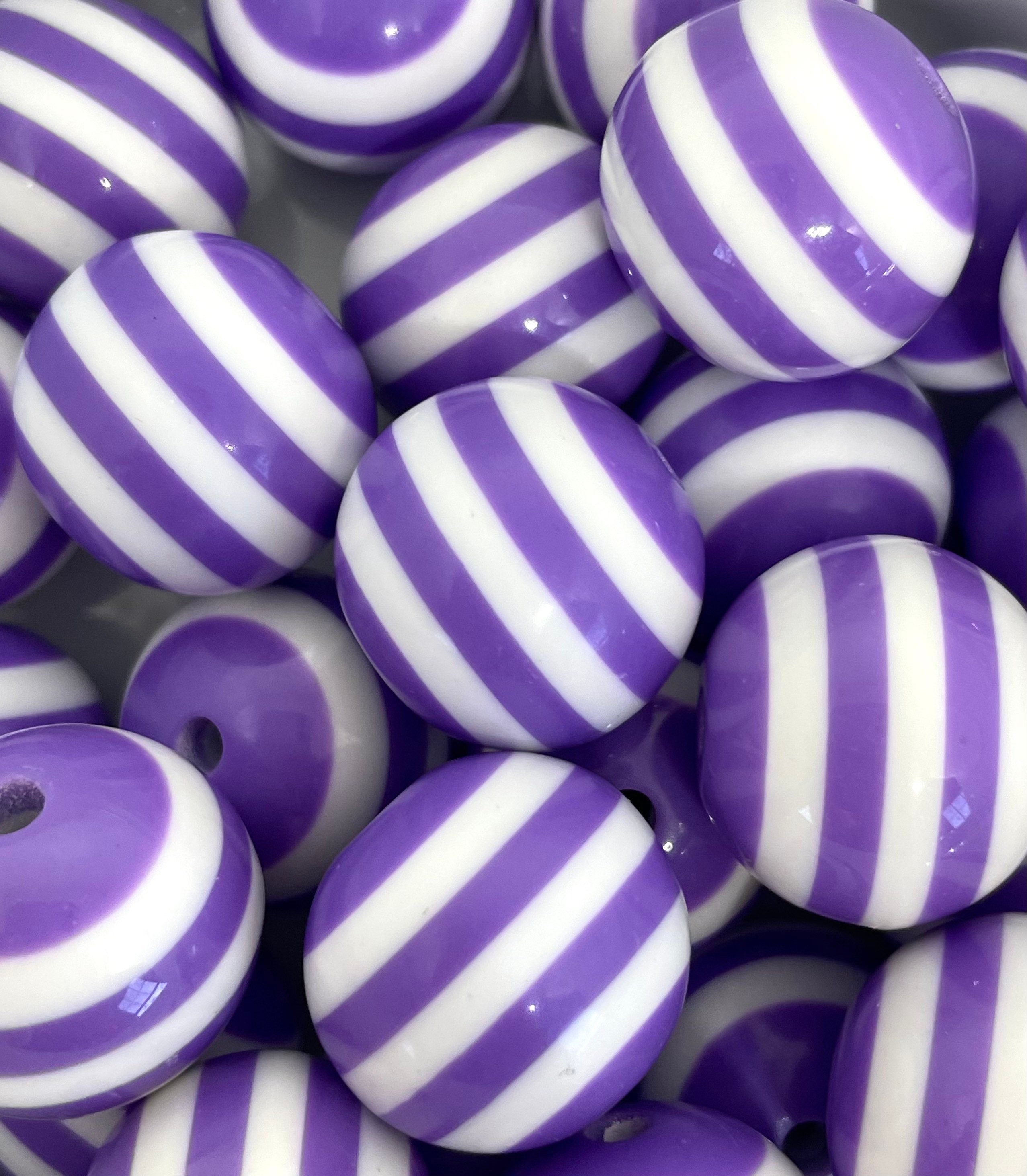 Bright Purple and White Striped Beads, Chunky Bead Mix for Jewelry, Large Purple Beads for Necklace, 20mm Beads