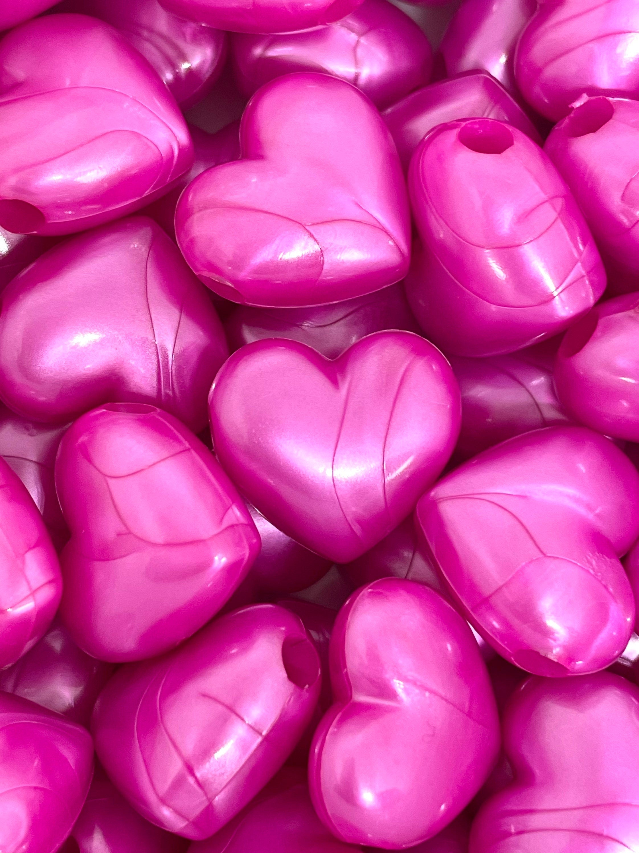 Chunky Pearlized Magenta Heart Beads, Heart Charm Pendant, Dark Pink Beads for Jewelry Making, Statement Beads
