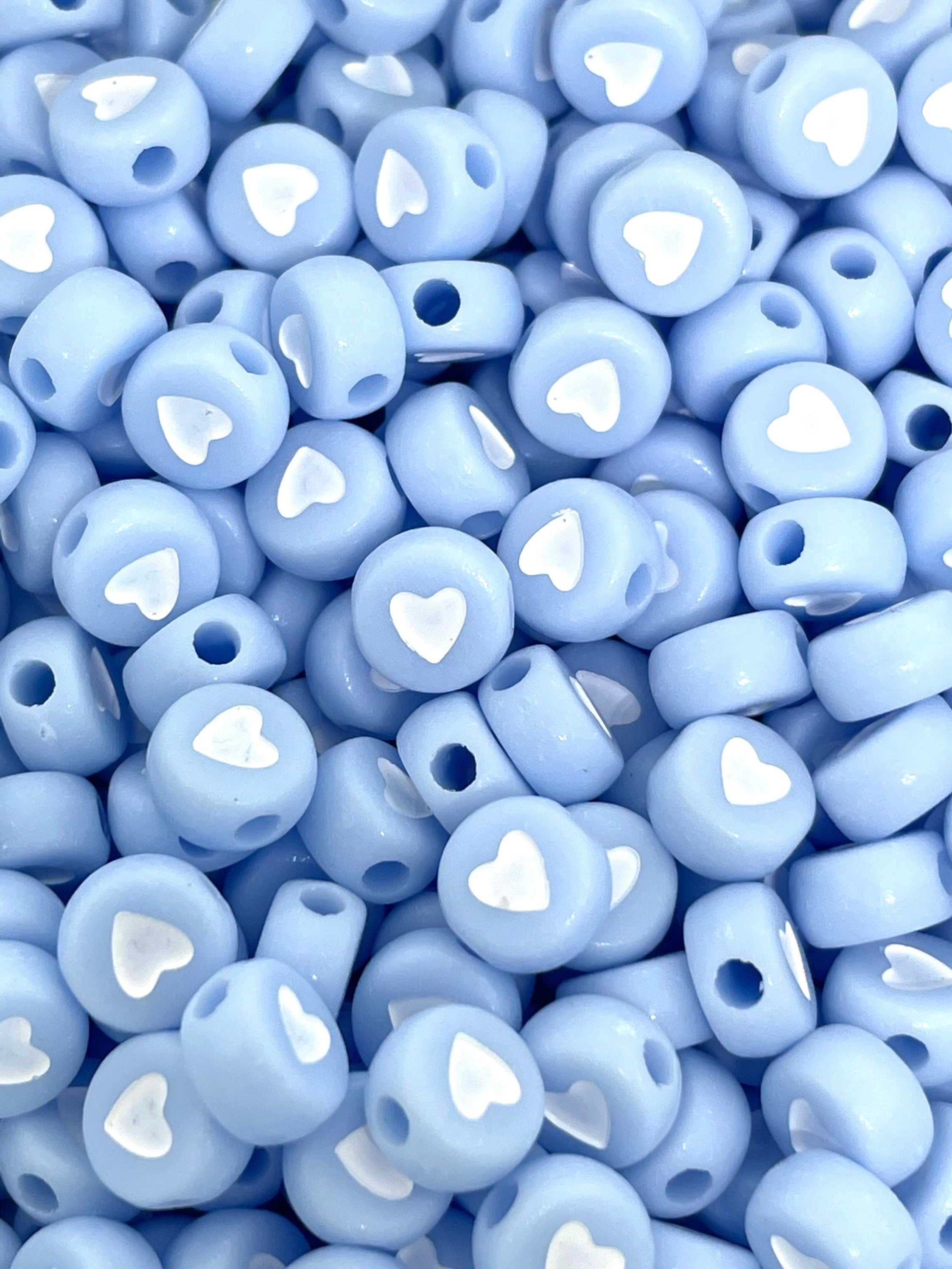 Baby Blue Beads with Hearts, Coin Beads, Flat Round Beads for Jewelry Making, Gender Reveal Beads, Letter Beads, Blue Spacer Beads