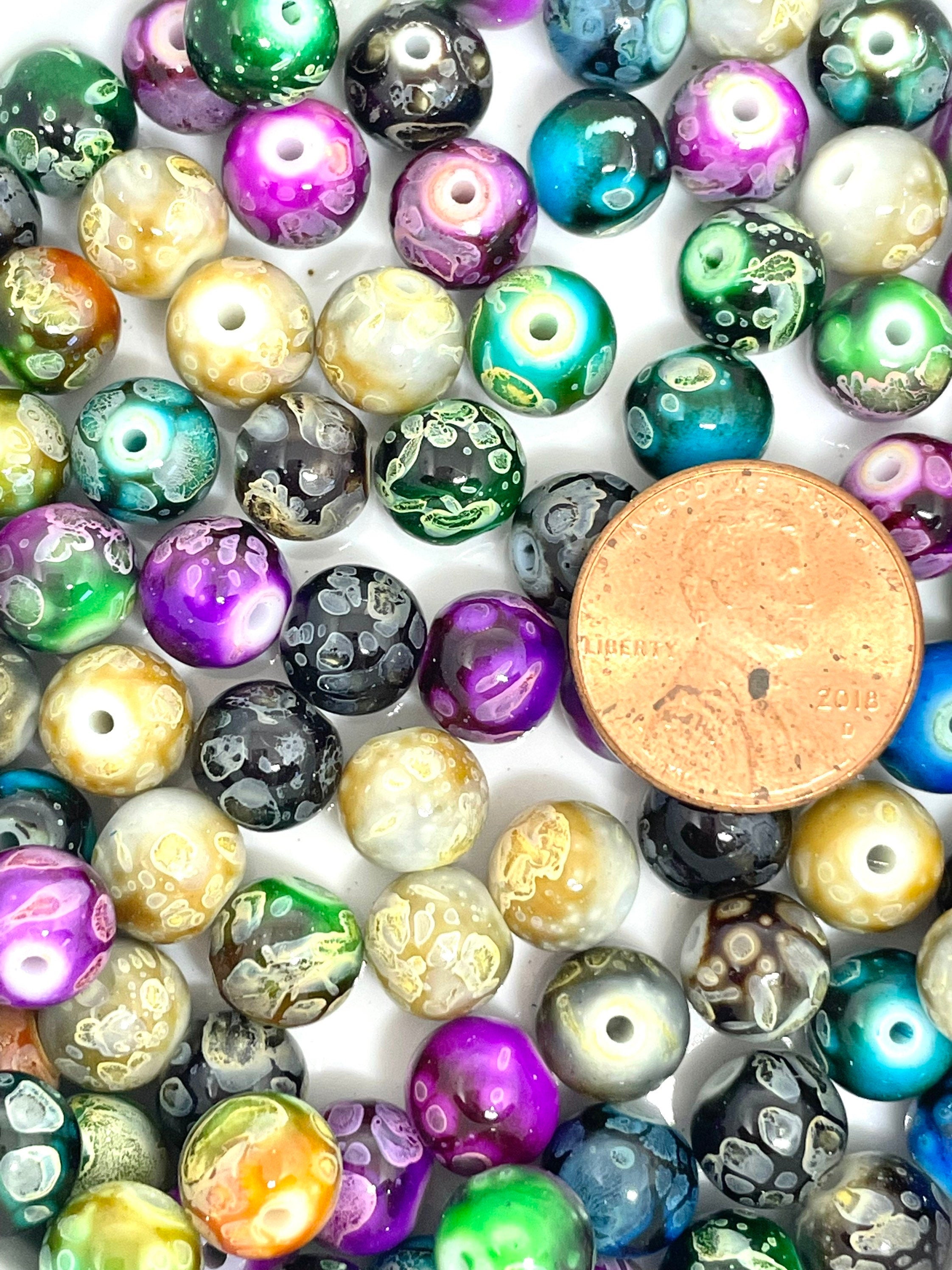 Polished Round Glass Bead Mix for Jewelry Making, Fashion Beads, Fire Polished Marble Bead Set for Beaded Necklace