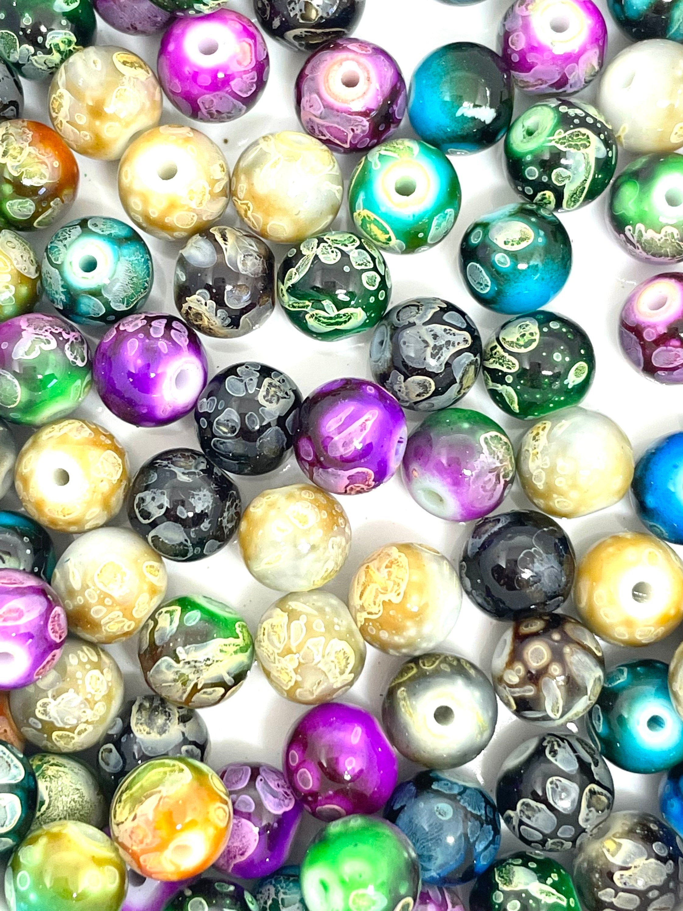 Polished Round Glass Bead Mix for Jewelry Making, Fashion Beads, Fire Polished Marble Bead Set for Beaded Necklace