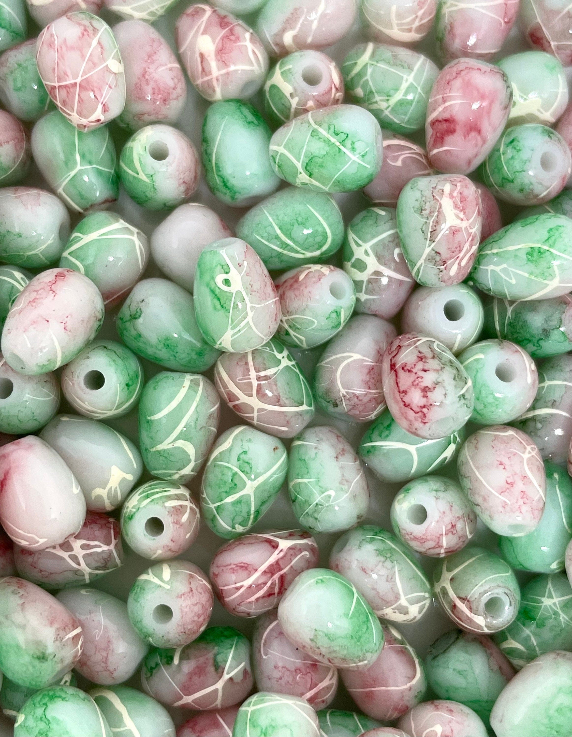 Watermelon Beads, Green and Red Tear Drop Beads, Swirl Beads, Glass Beads for Jewelry Making, Earrings