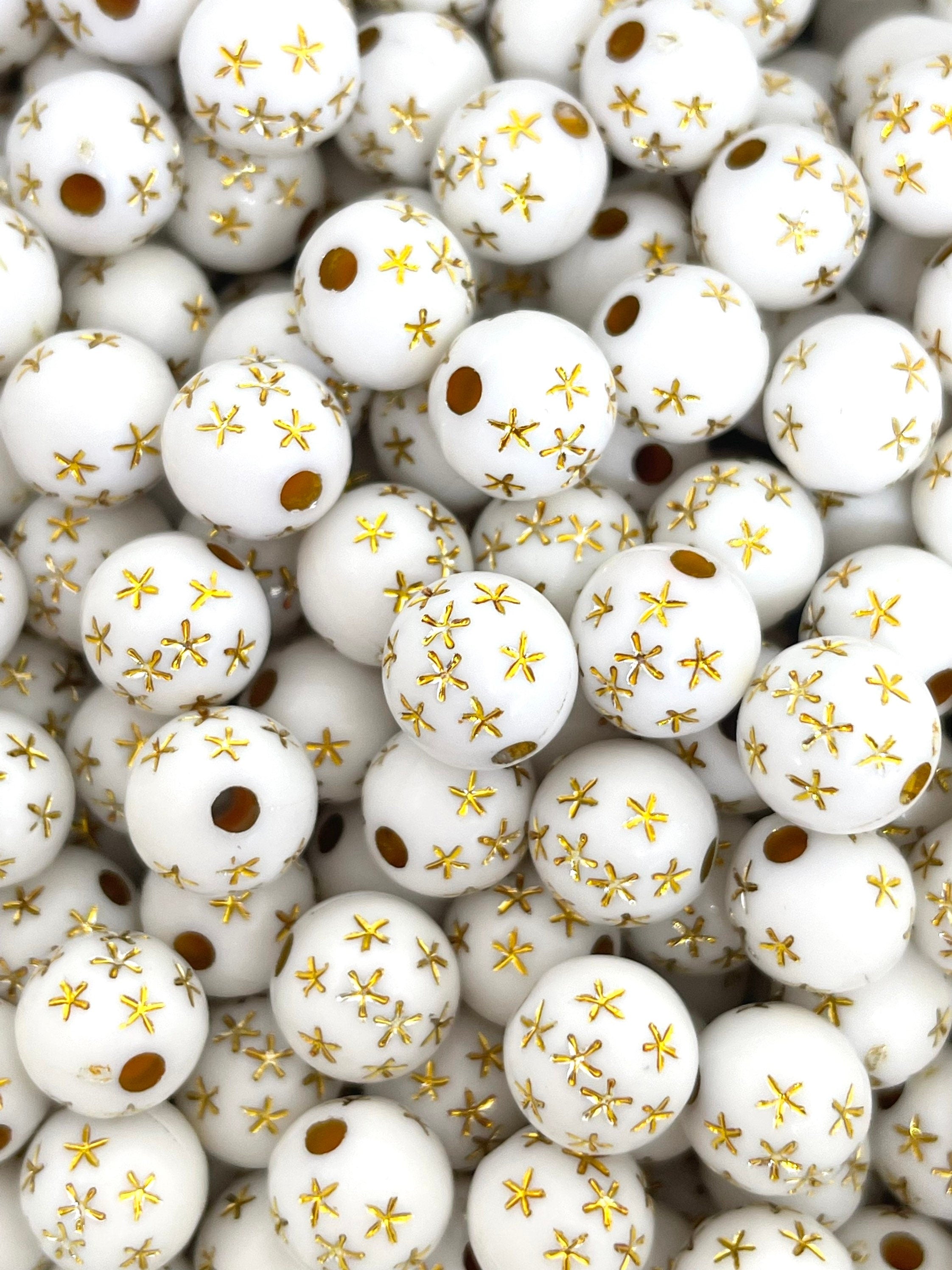 White and Gold Star Beads, 8mm Round Beads for Jewelry Making, Bracelet, Starry Night Beads, Decora