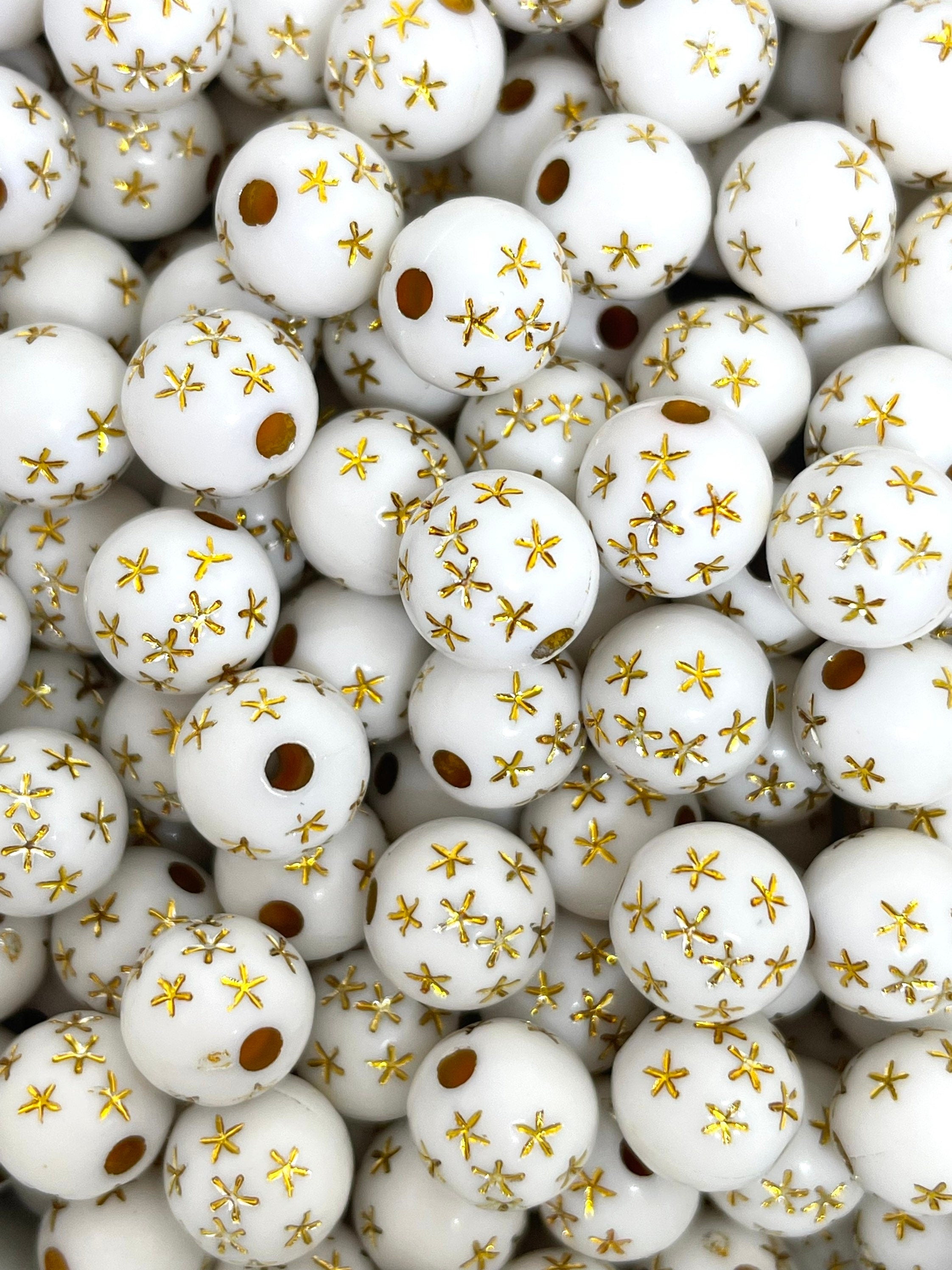 White and Gold Star Beads, 8mm Round Beads for Jewelry Making, Bracelet, Starry Night Beads, Decora