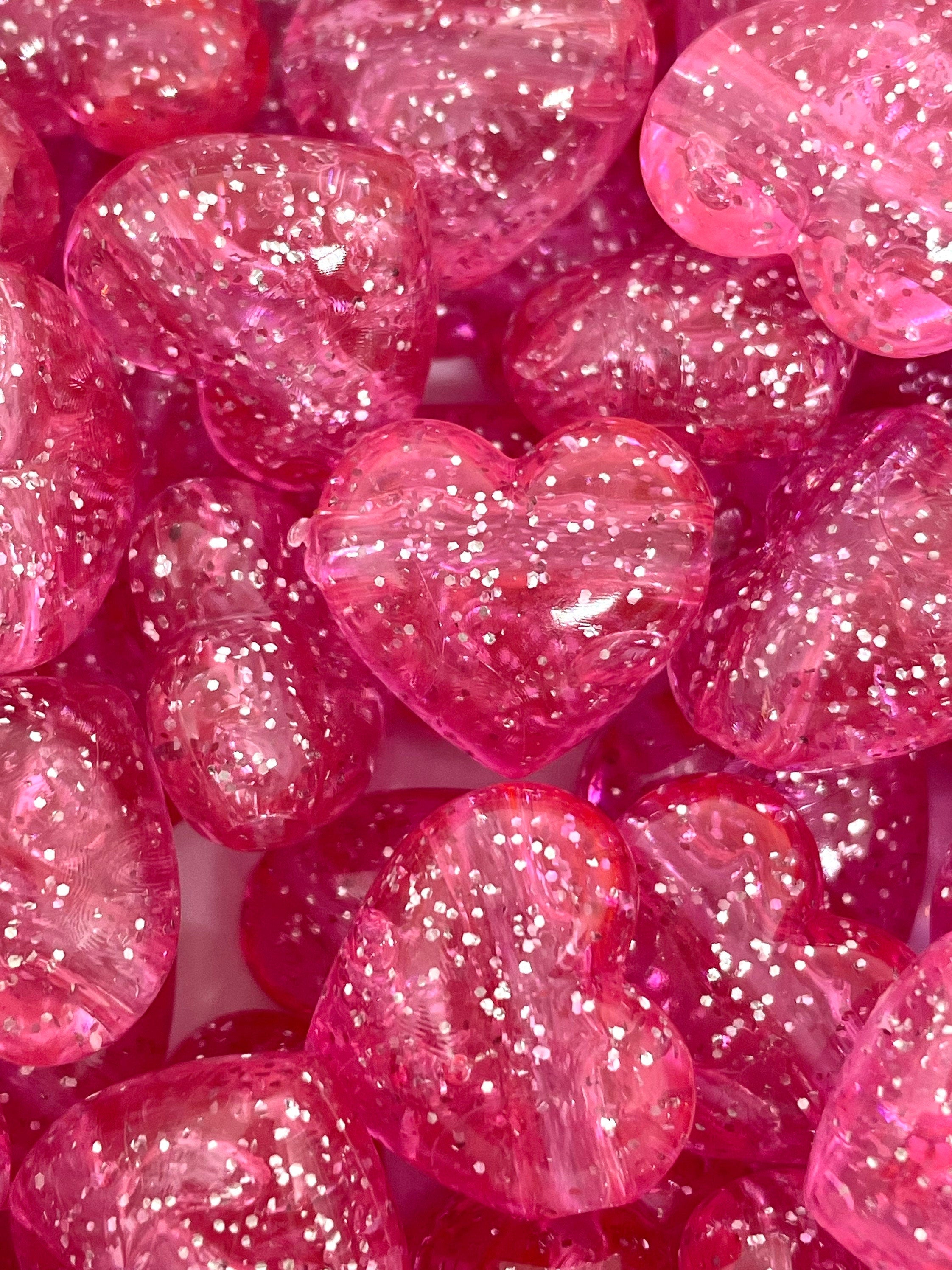 Pink Sparkle Heart Charm Beads for Jewelry Making, Valentine's Day Beads for Necklace, Glitter Heart Beads, Heart Shaped Beads