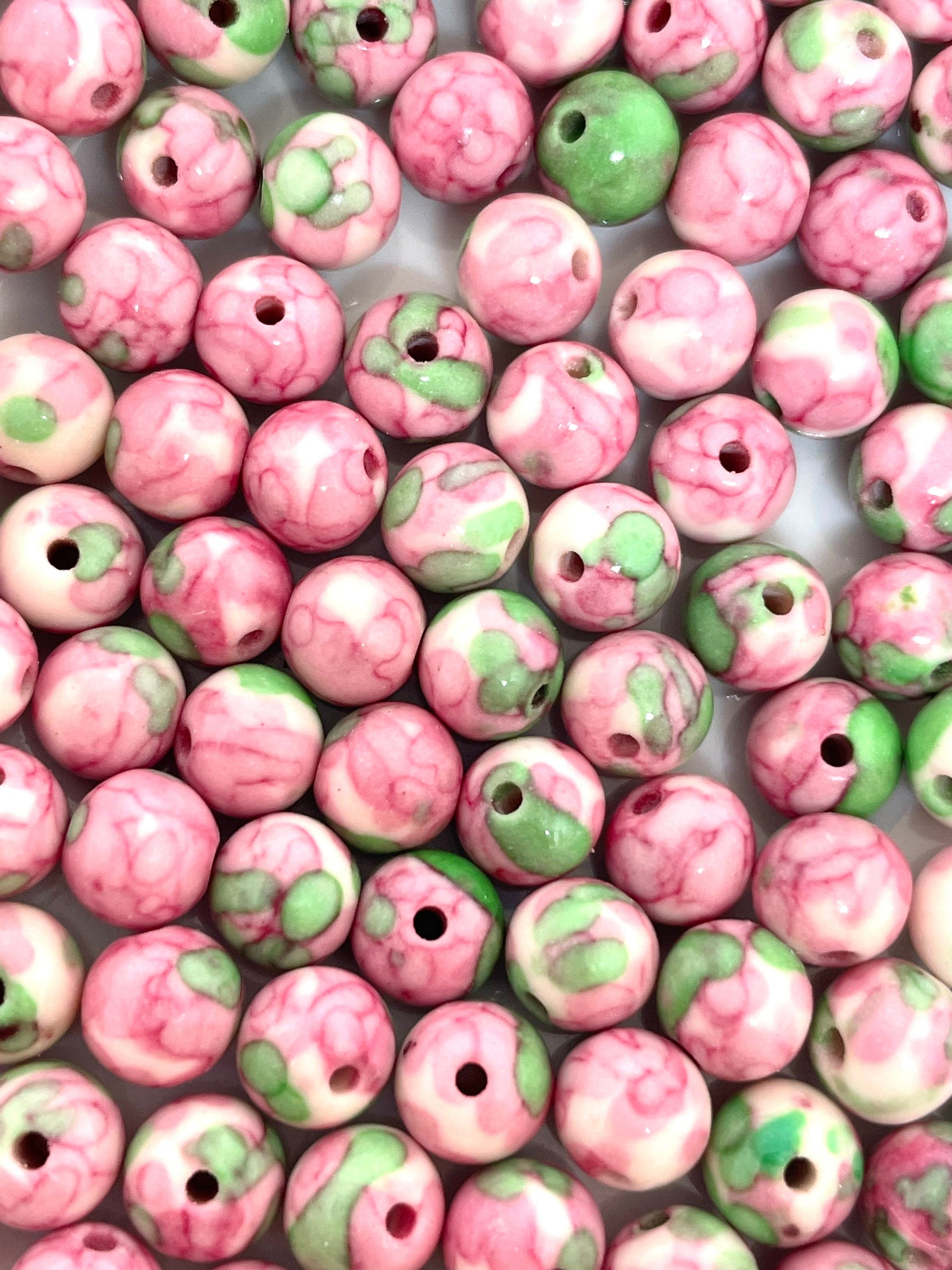 6mm Pretty Pink and Green Rain Jasper Beads, Natural Stone Beads, Pink Beads, Flower Beads for Spring, Easter BEads