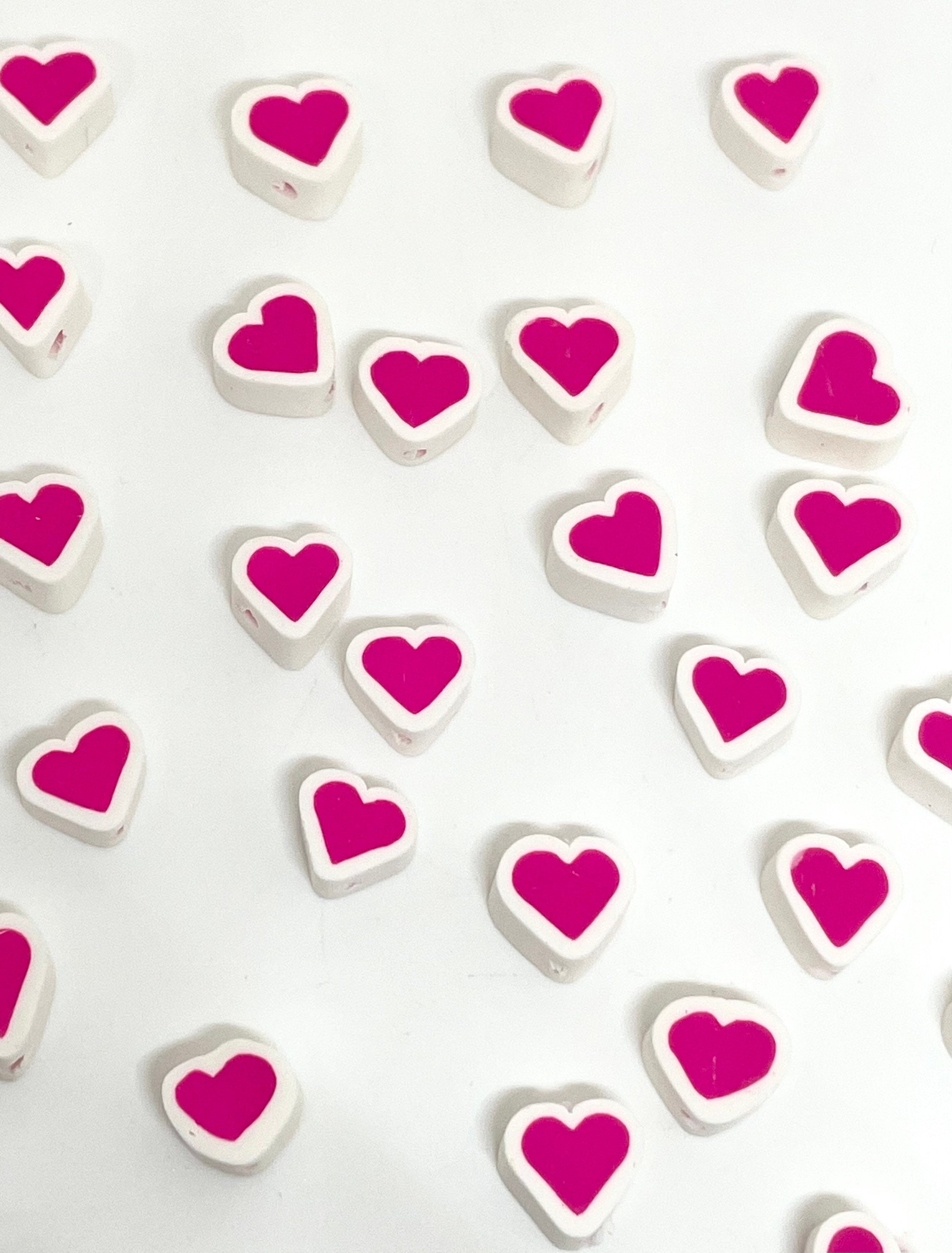 Pink and White Polymer Clay Heart Beads, Heart Spacer Beads for Bracelet, Necklace