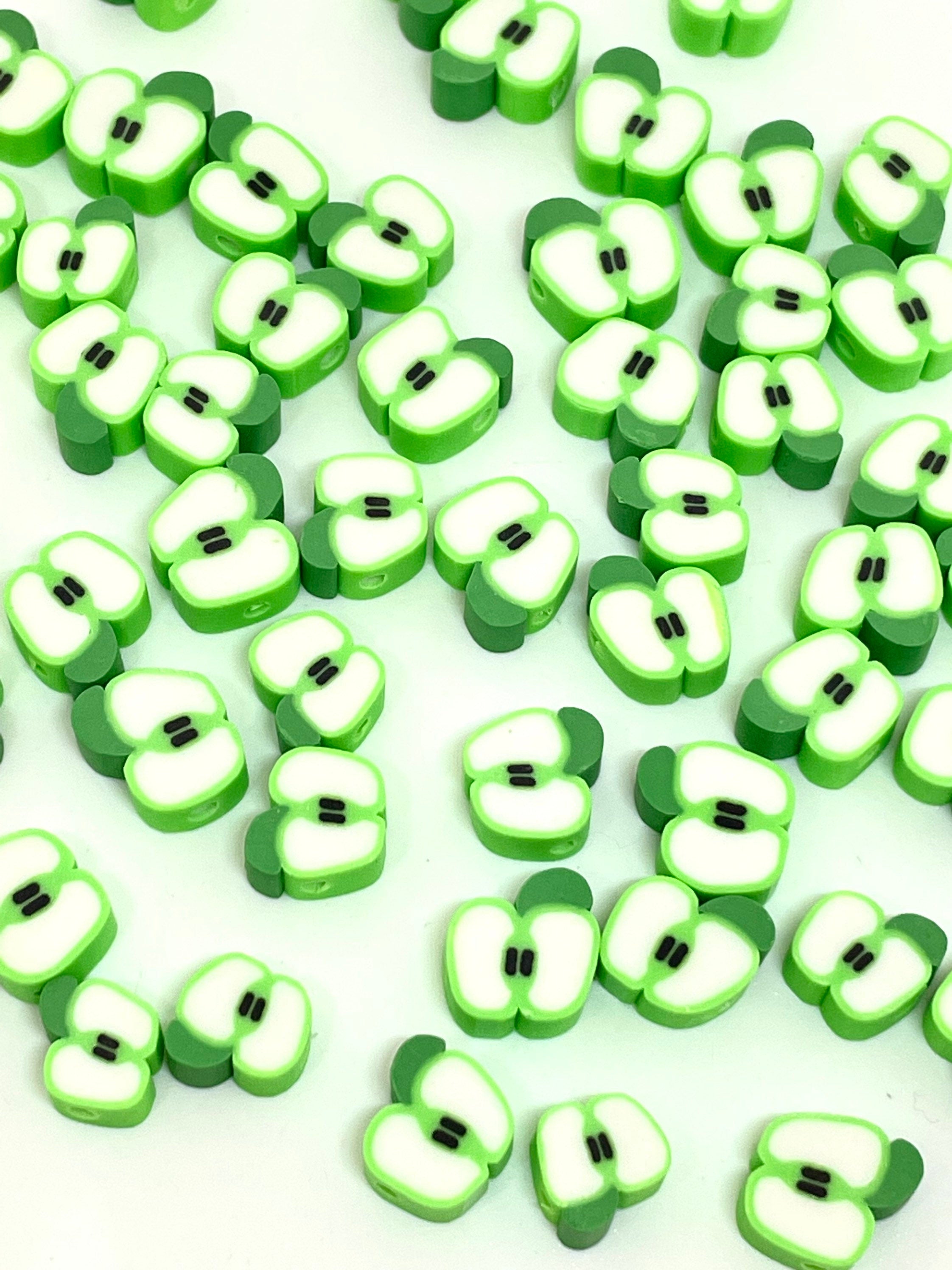 Cute Green Apple Beads for Jewelry Making, Fruit Charms, Fruit Beads, Apple Charm, Apple Pendant, Polymer Clay Beads for Bracelet, Cane