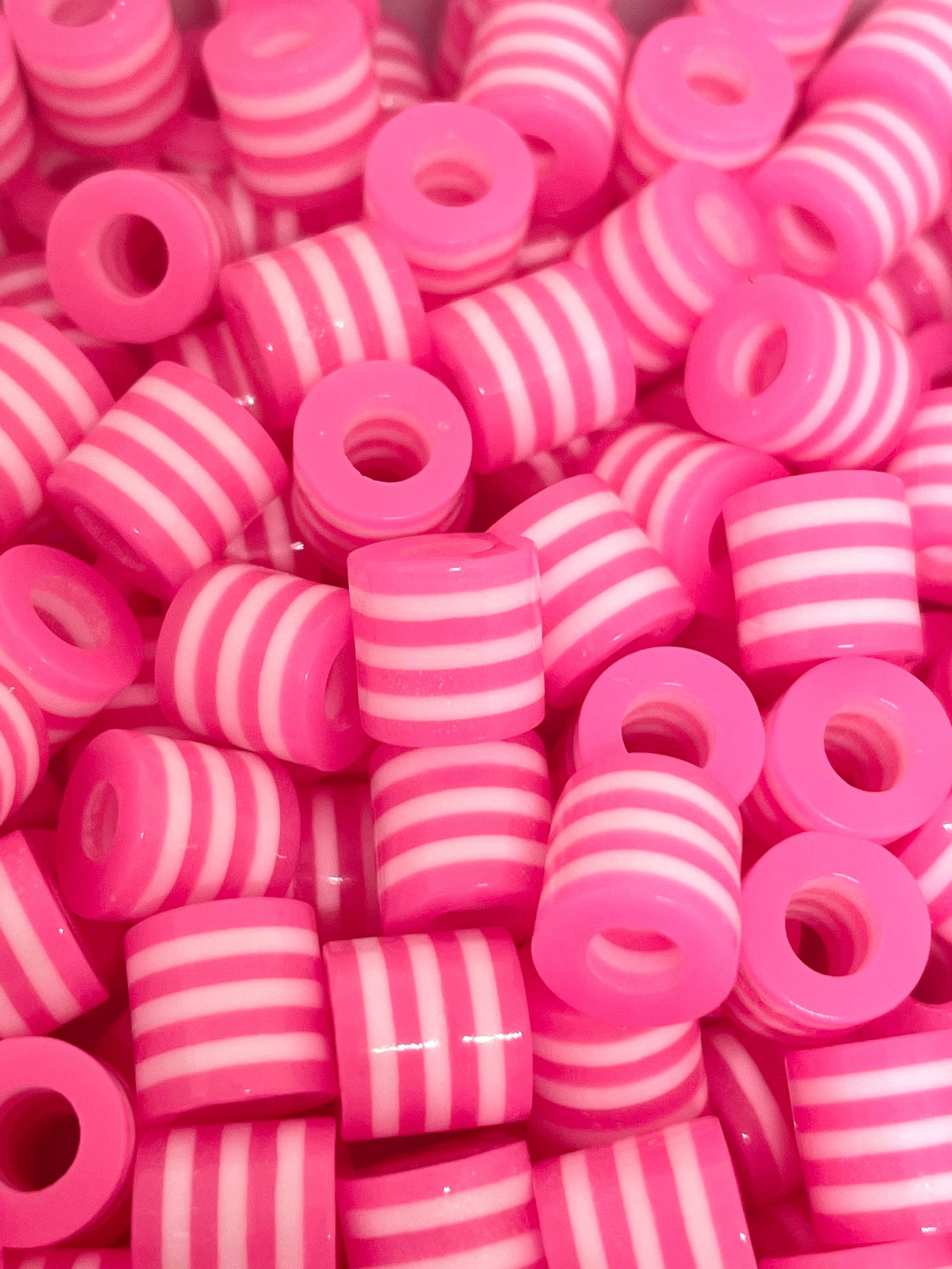 Bright Pink Striped Drum Beads for Hair, Necklace, Bracelet, Jewelry Making, Bright Pink Charms, Beads, Pendant