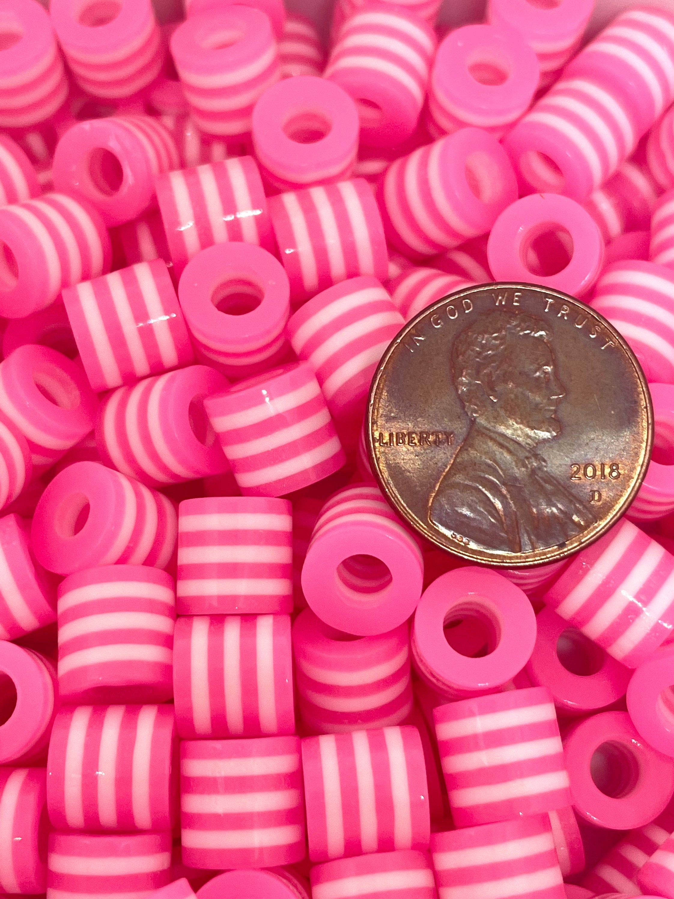 Bright Pink Striped Drum Beads for Hair, Necklace, Bracelet, Jewelry Making, Bright Pink Charms, Beads, Pendant