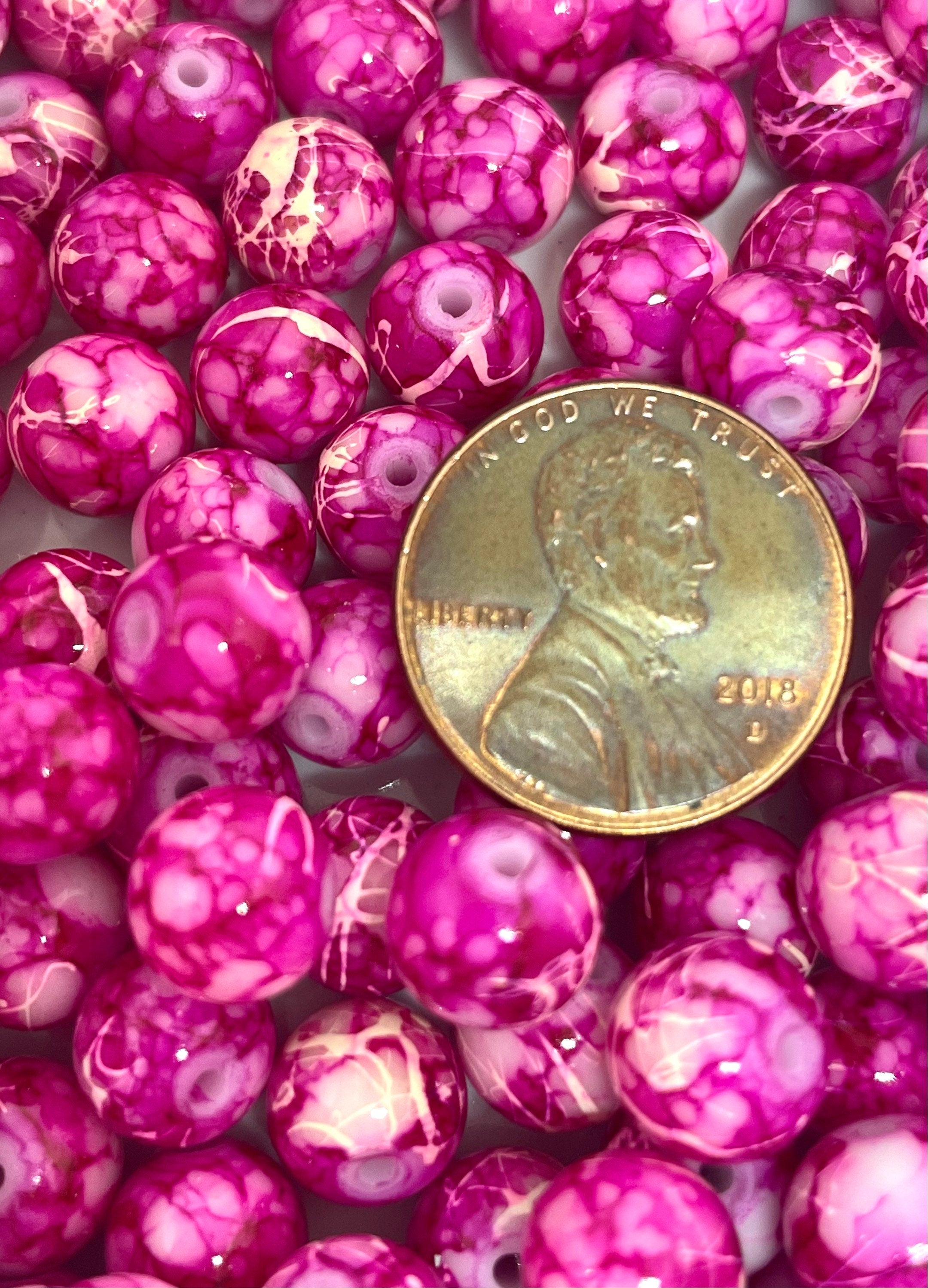 8mm Bright Magenta Glass Tie Dye Beads