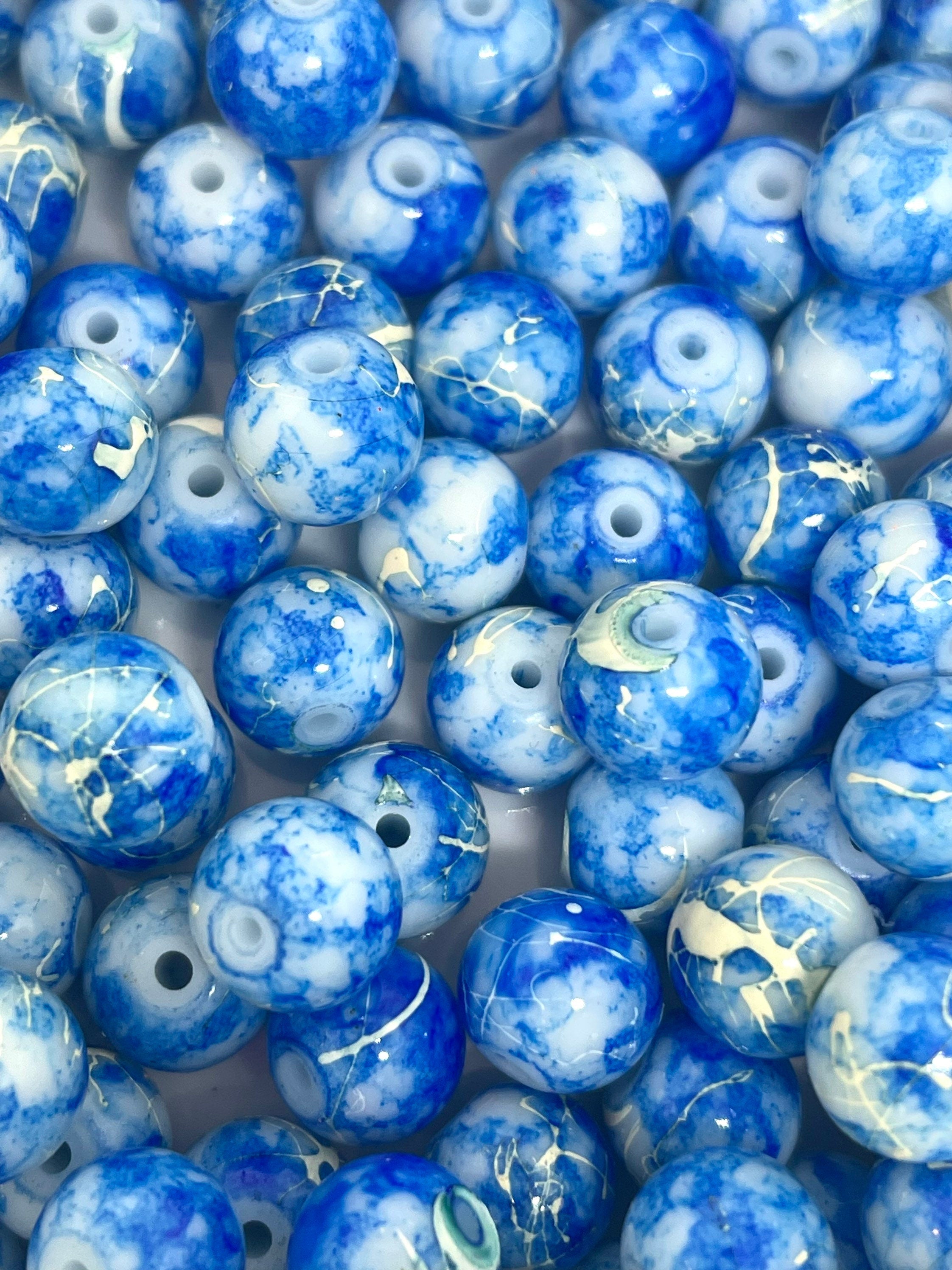 8mm Cloud Blue and White Glass Swirl Beads