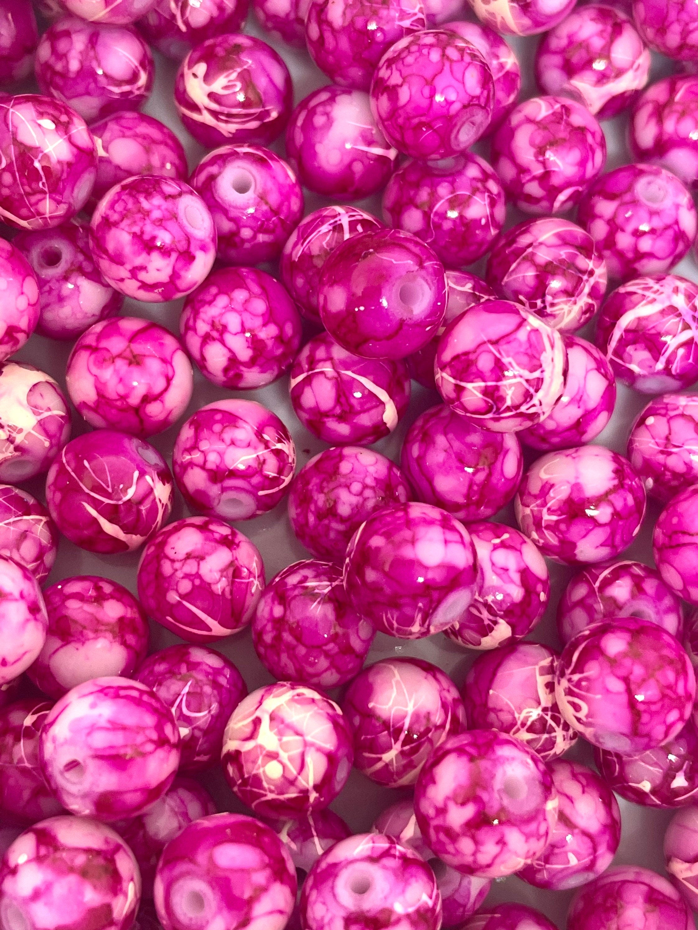 8mm Bright Magenta Glass Tie Dye Beads