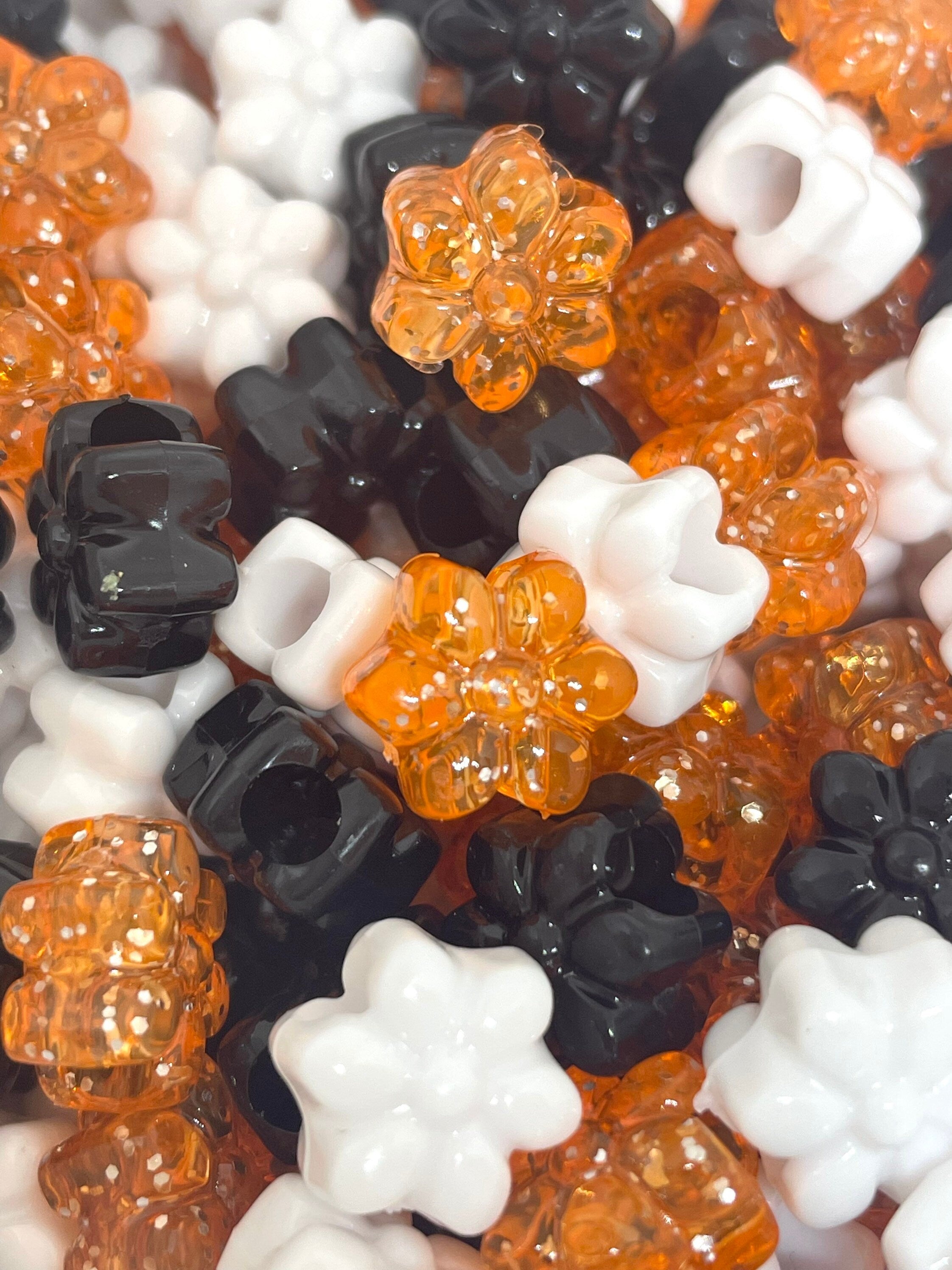 Halloween Beads for Halloween Jewelry, Spooky Cute Beads for Bracelet, Flower Pony Beads, Glitter Beads, Gothic Beads, Creepy Beads, Orange
