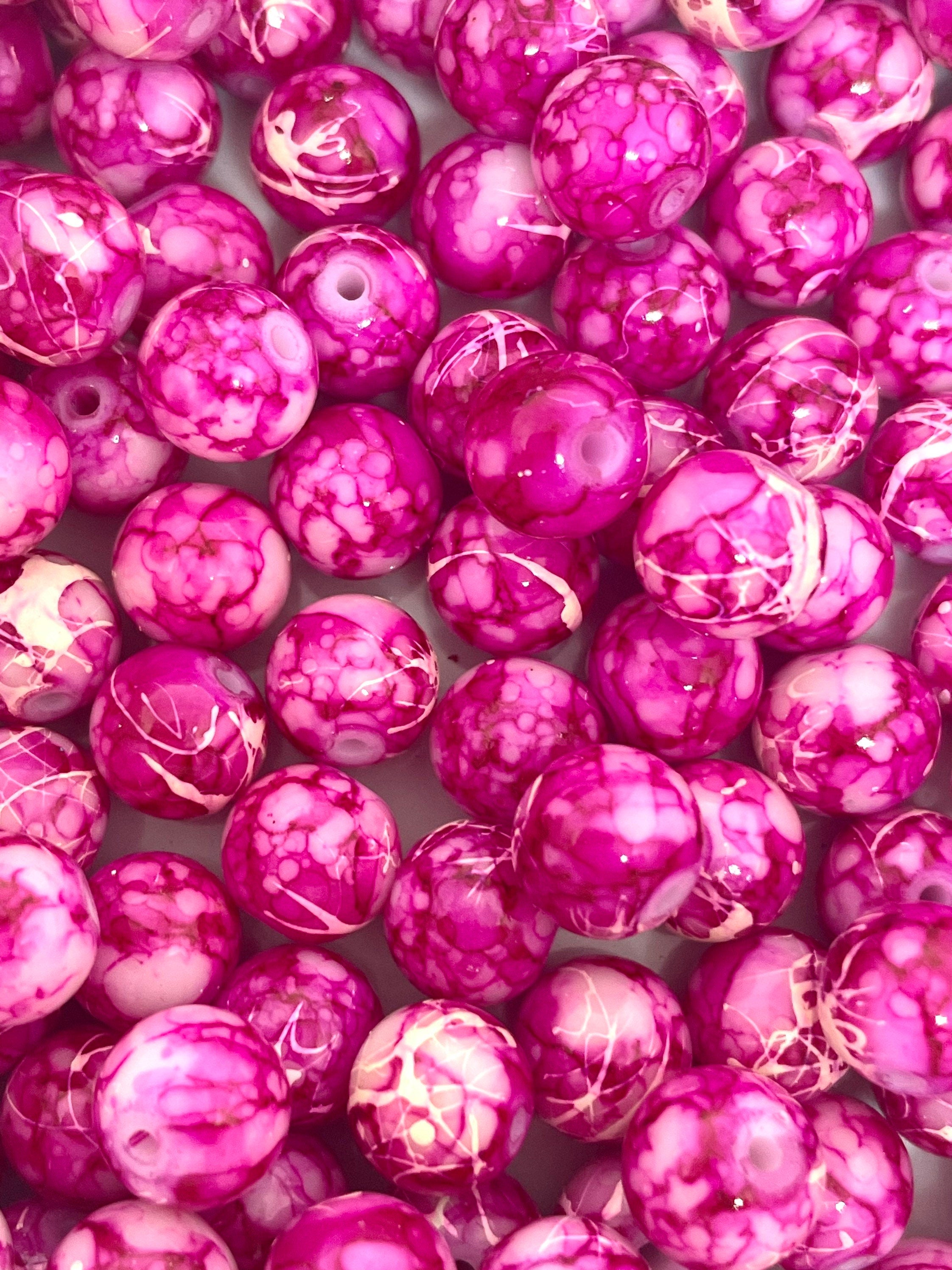 8mm Bright Magenta Glass Tie Dye Beads