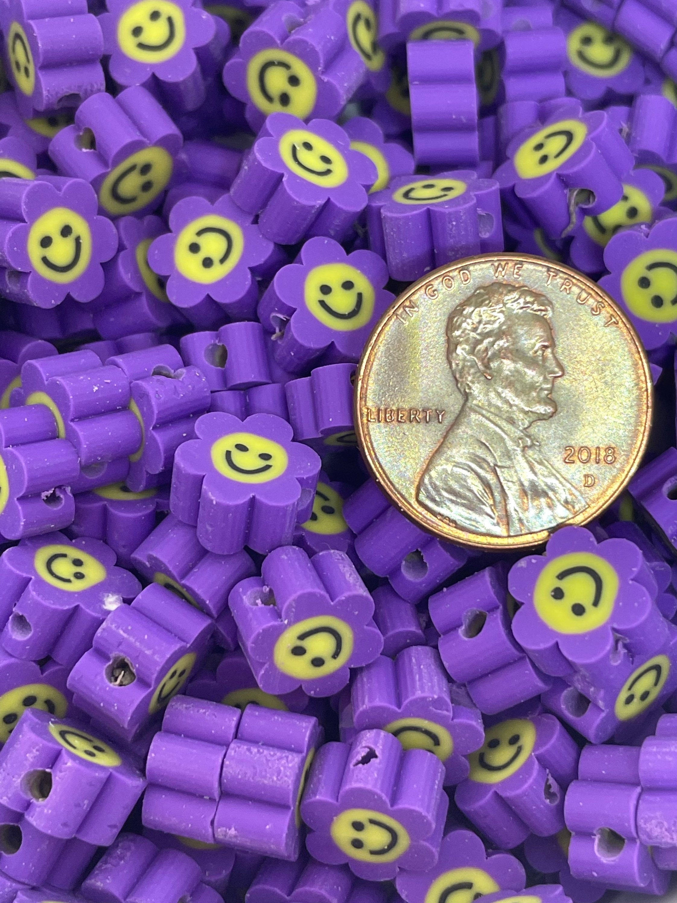 SMOL Flower Beads, Cute Clay Purple Flowers with Faces, Alice and Wonderland Beads, Jewelry, Purple Beads