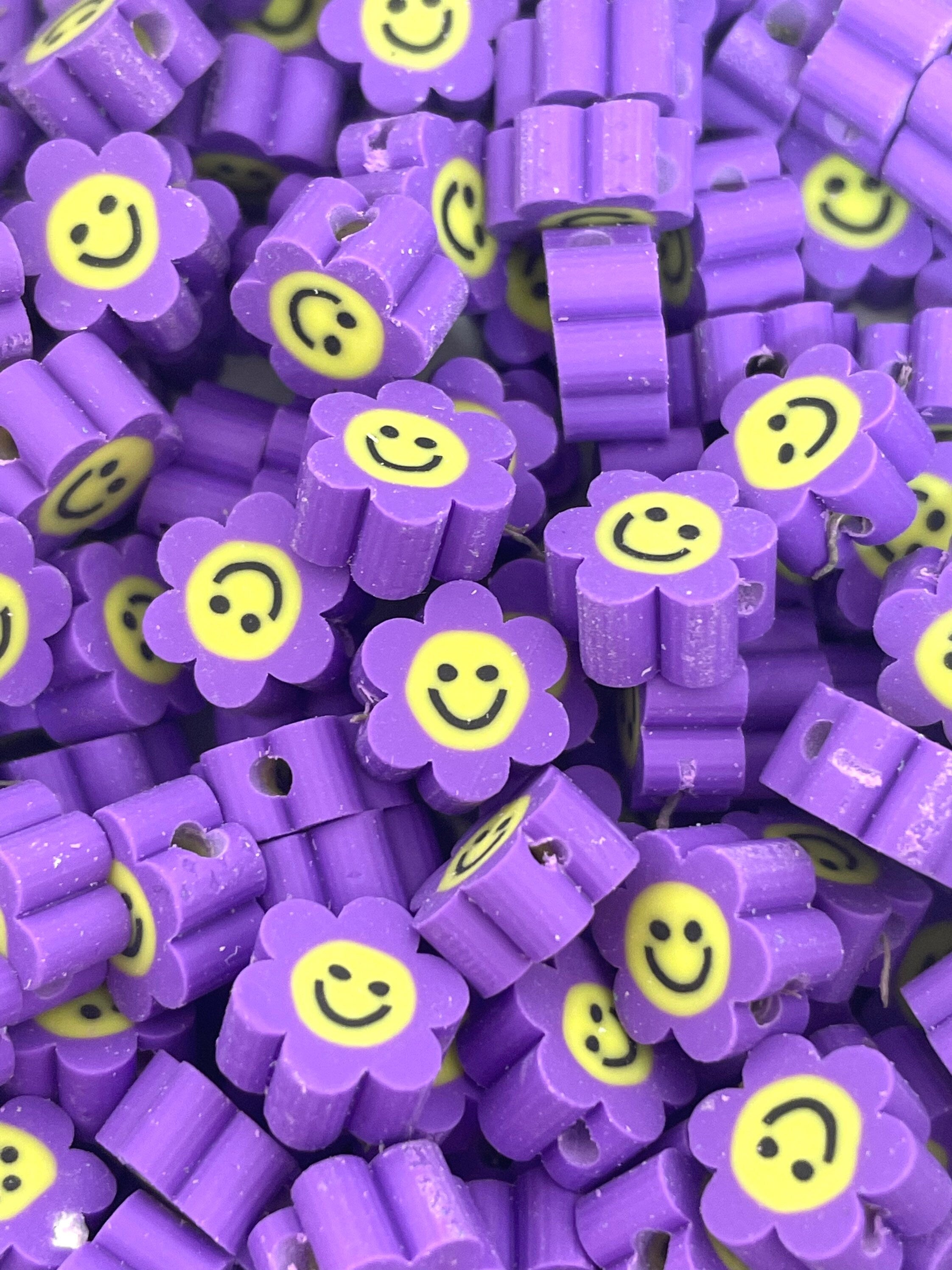 SMOL Flower Beads, Cute Clay Purple Flowers with Faces, Alice and Wonderland Beads, Jewelry, Purple Beads