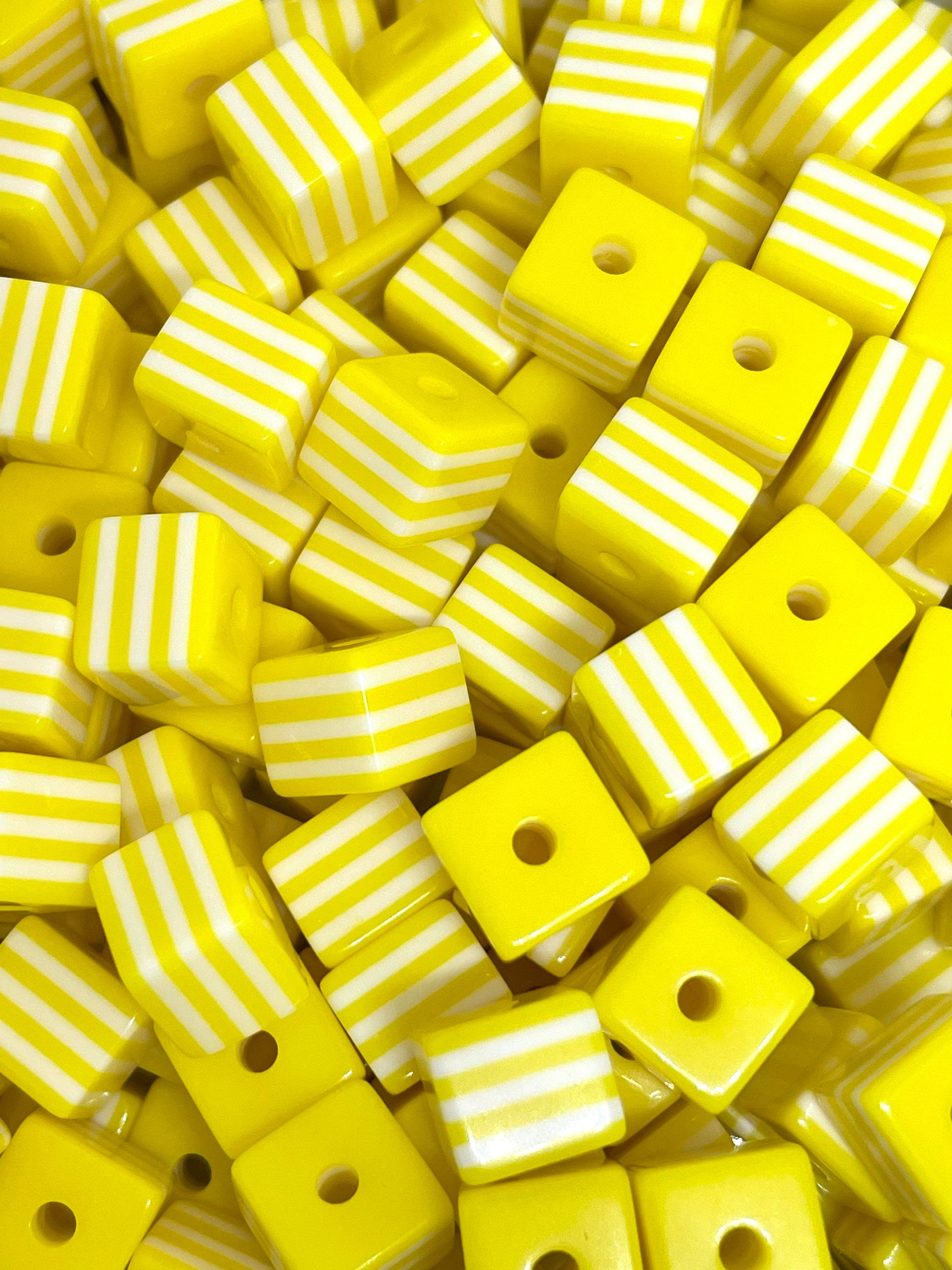 Lemon Squares Striped Beads for Jewelry making, Candy Beads for Bracelet, Yellow Beads, Cube Bead