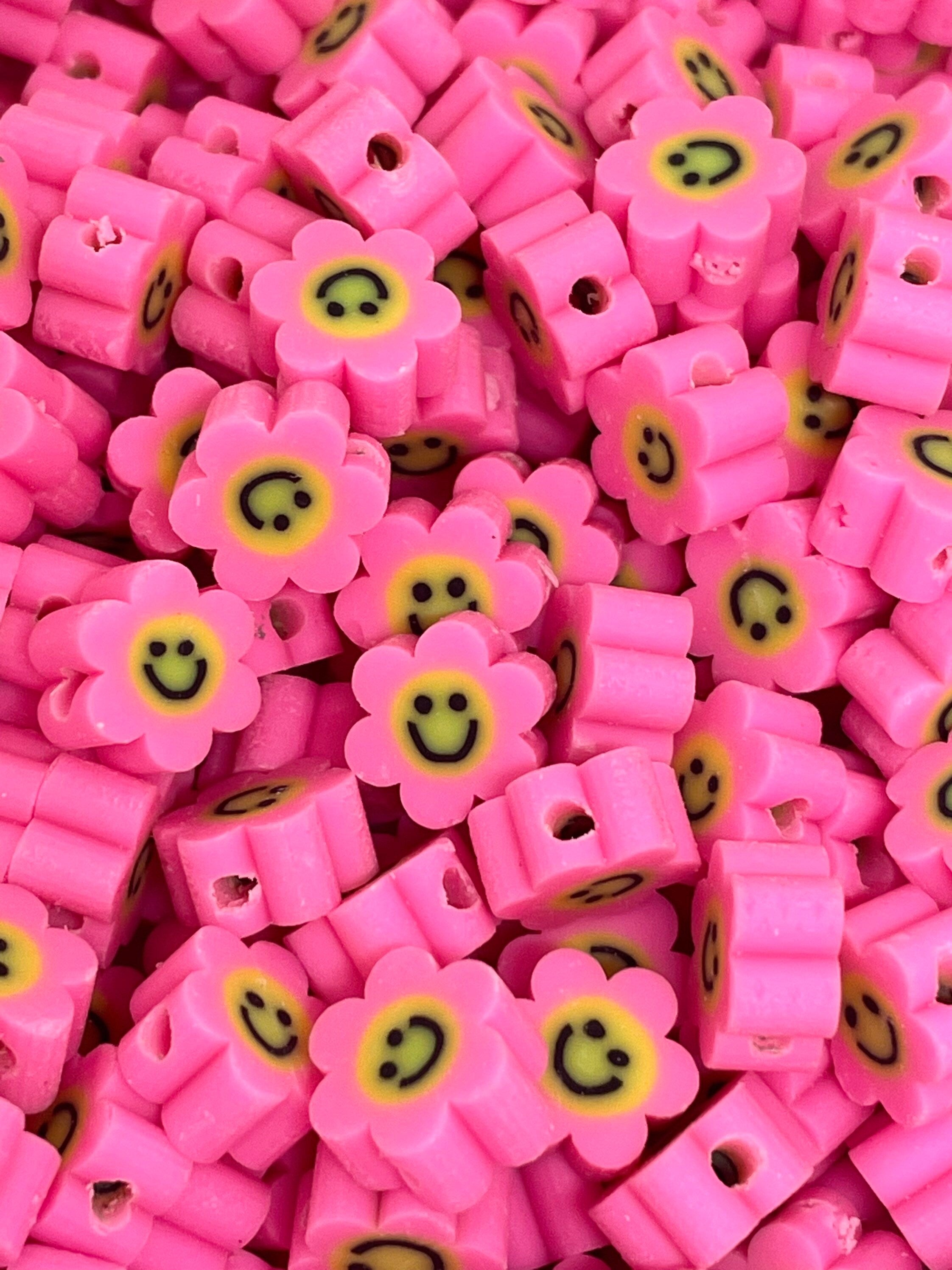 Cute Happy Face Flower Beads, Emoji Beads, Charm for Jewelry Making, Pink Beads, Bright Colored Clay Beads