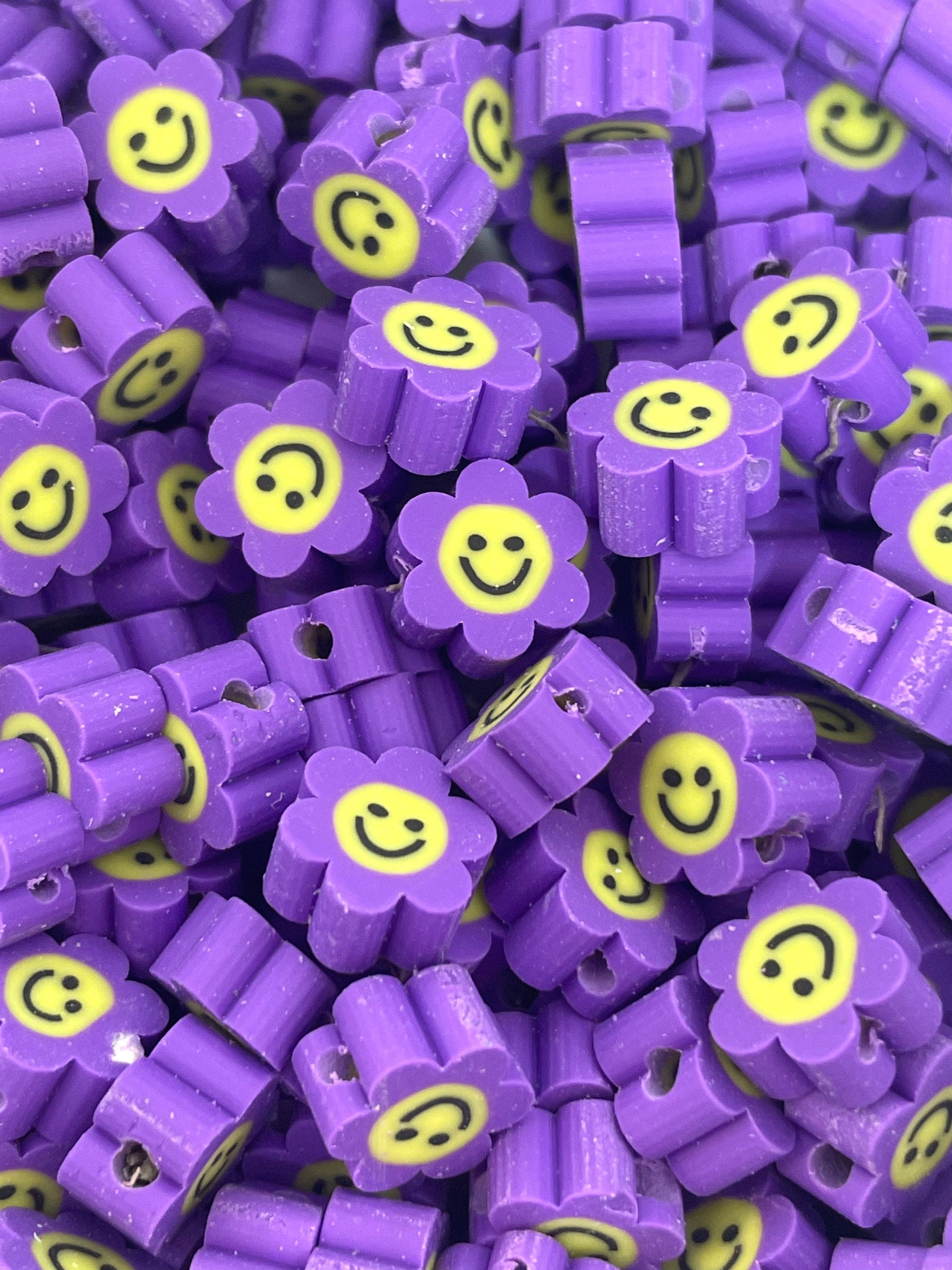 SMOL Flower Beads, Cute Clay Purple Flowers with Faces, Alice and Wonderland Beads, Jewelry, Purple Beads